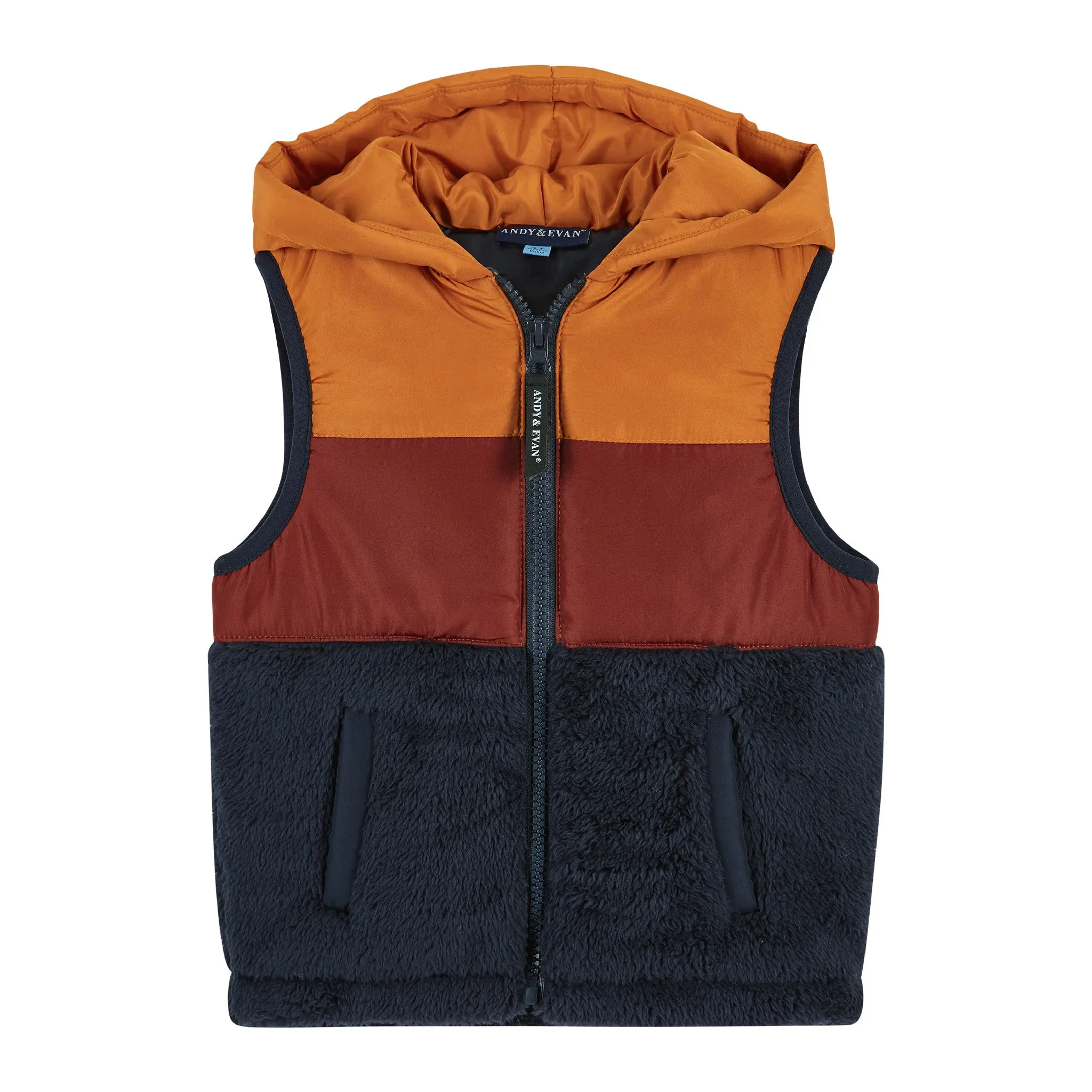 Infant Burnt Orange & Navy Colorblocked Sherpa Puffer Vest  | Orange