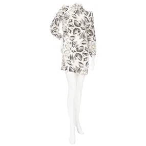 Ivory and Black Crêpe de Chine Seashell Print Scarf-Tie Dress