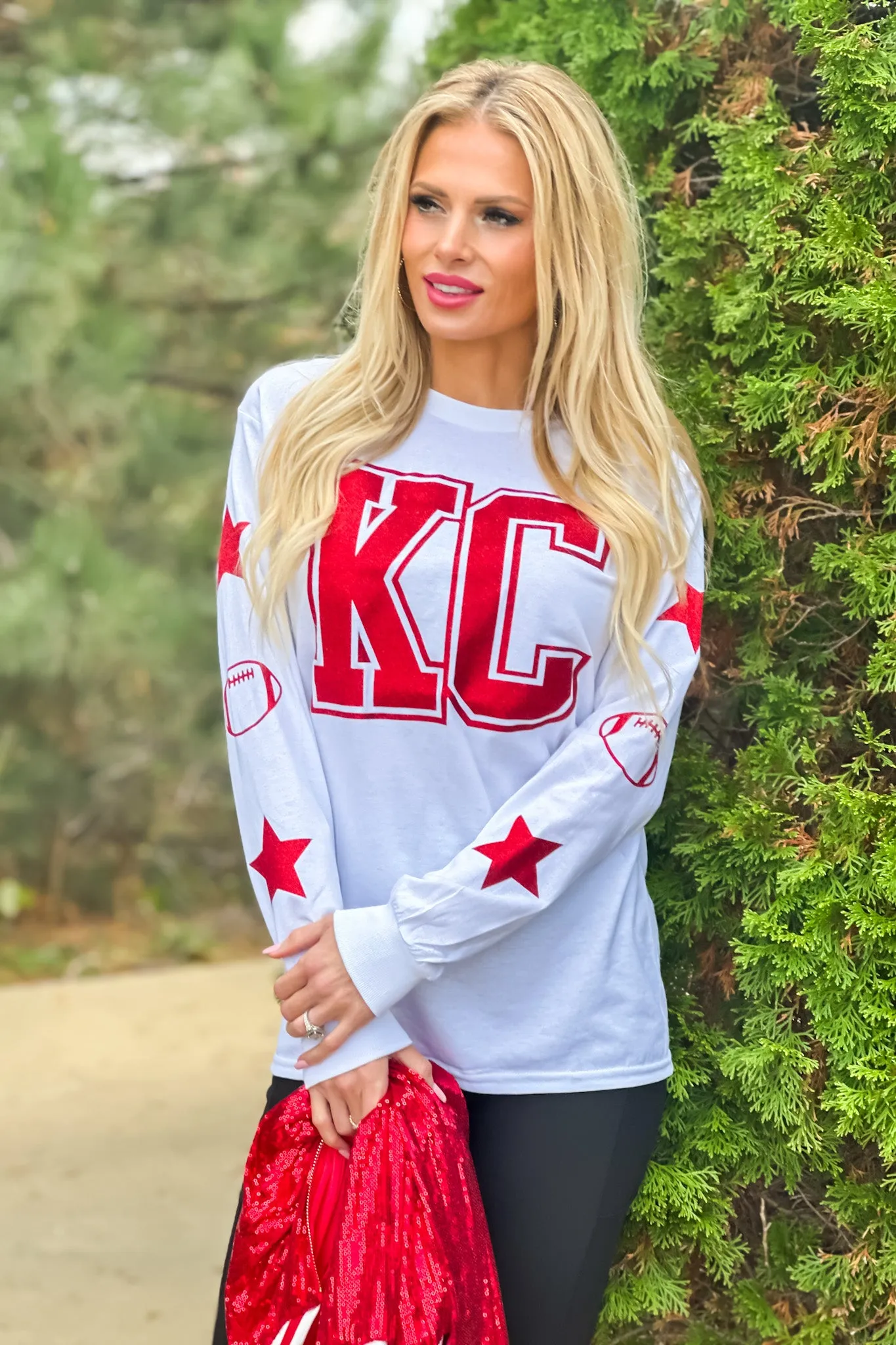 KC Glitter Block Letter Star/Football Sleeve Detail Tee : White/Red