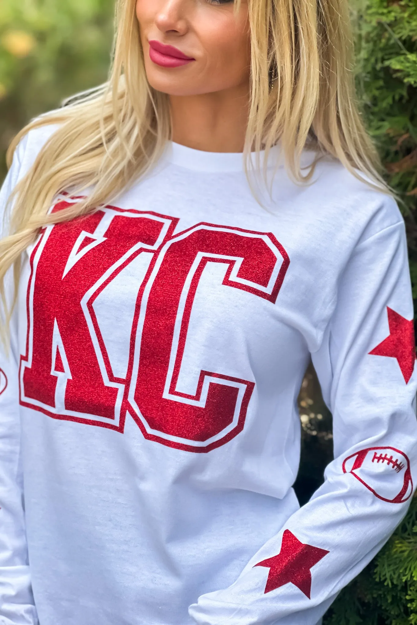 KC Glitter Block Letter Star/Football Sleeve Detail Tee : White/Red