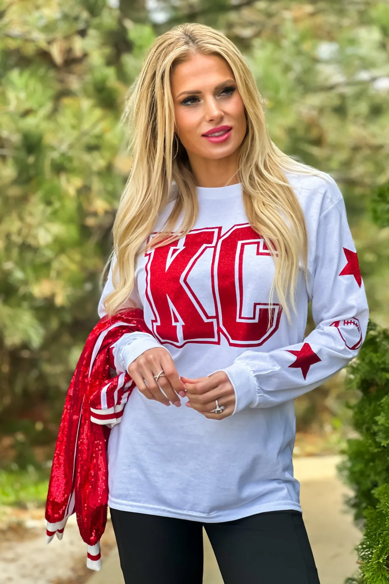 KC Glitter Block Letter Star/Football Sleeve Detail Tee : White/Red