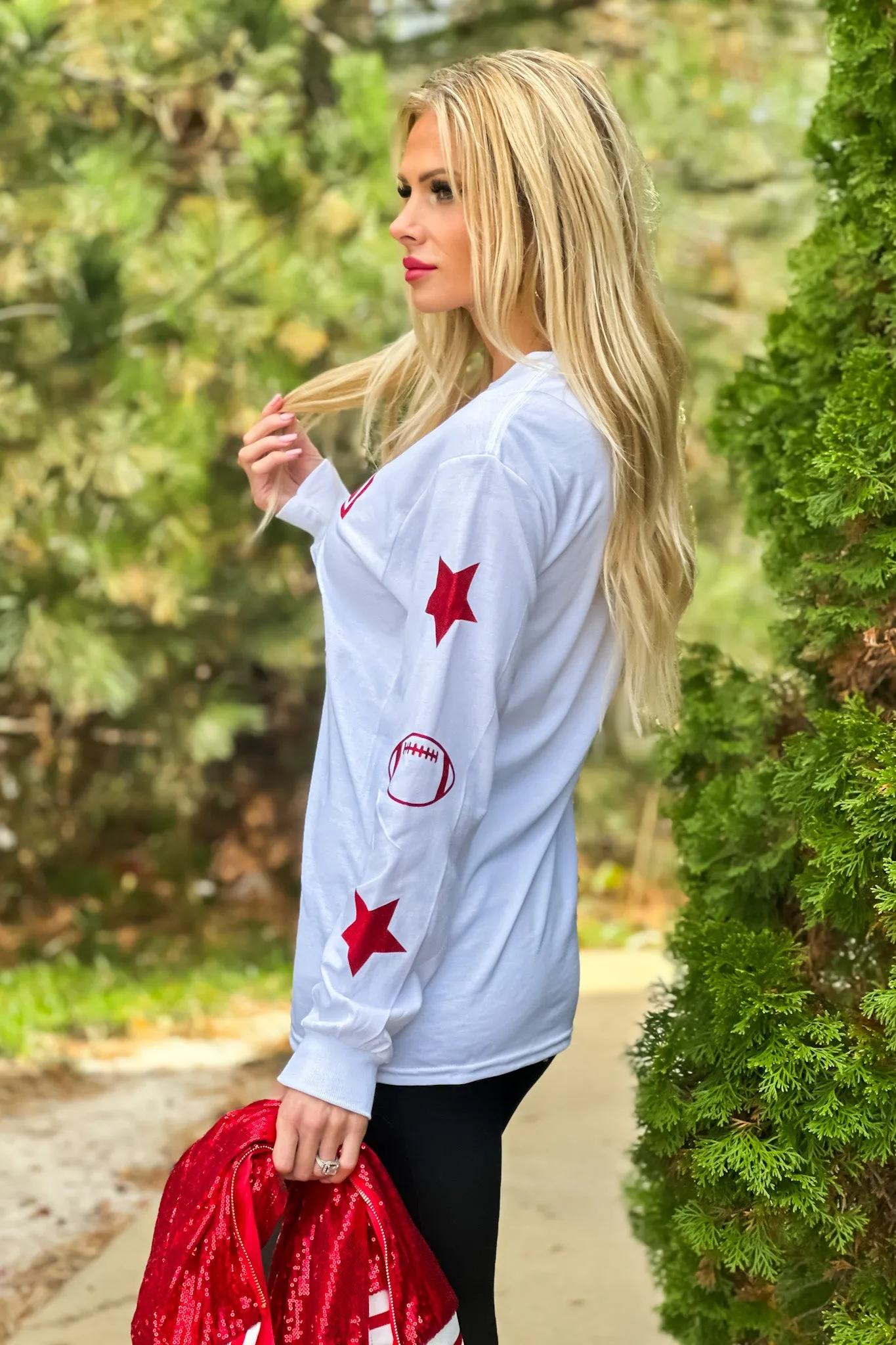 KC Glitter Block Letter Star/Football Sleeve Detail Tee : White/Red