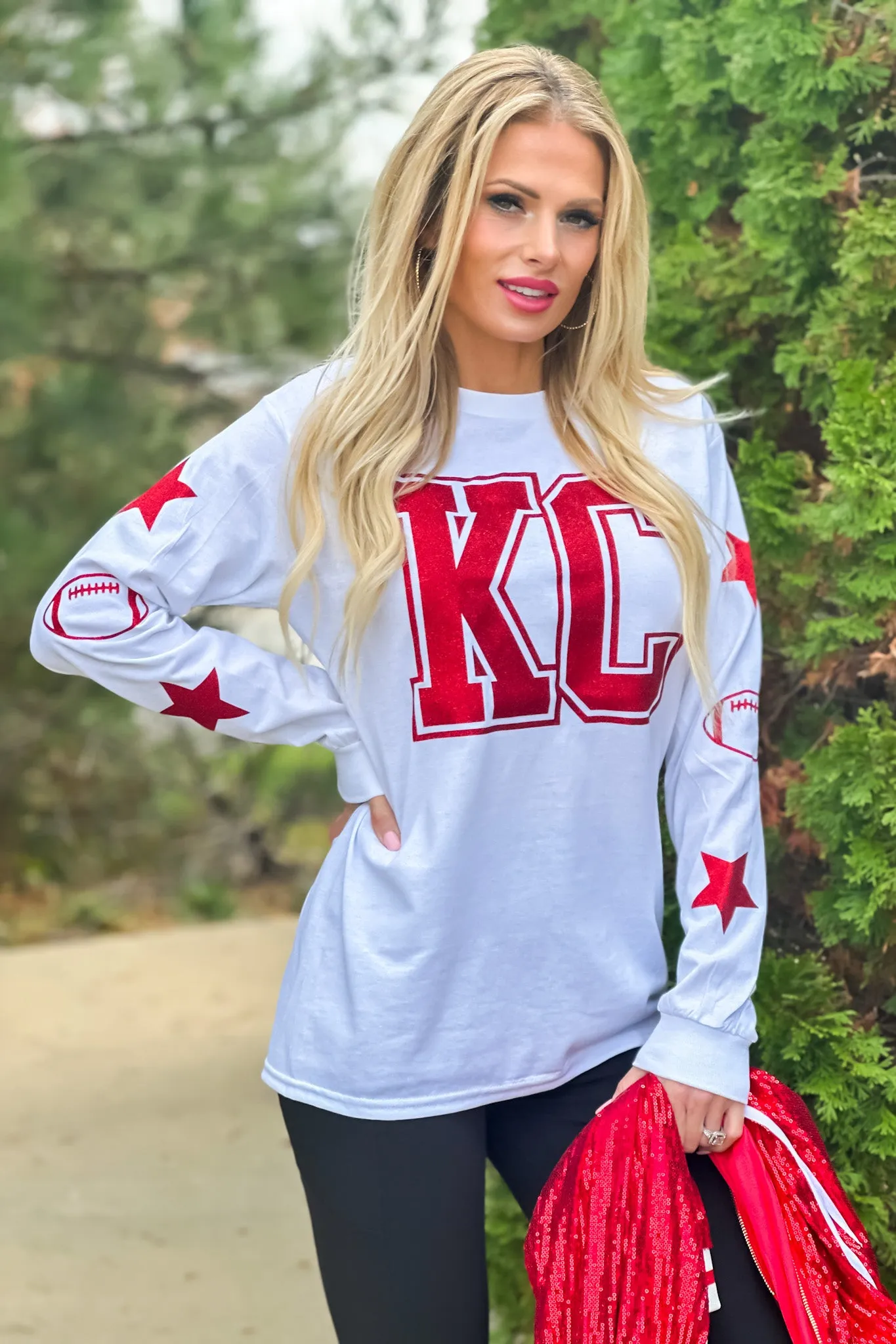 KC Glitter Block Letter Star/Football Sleeve Detail Tee : White/Red