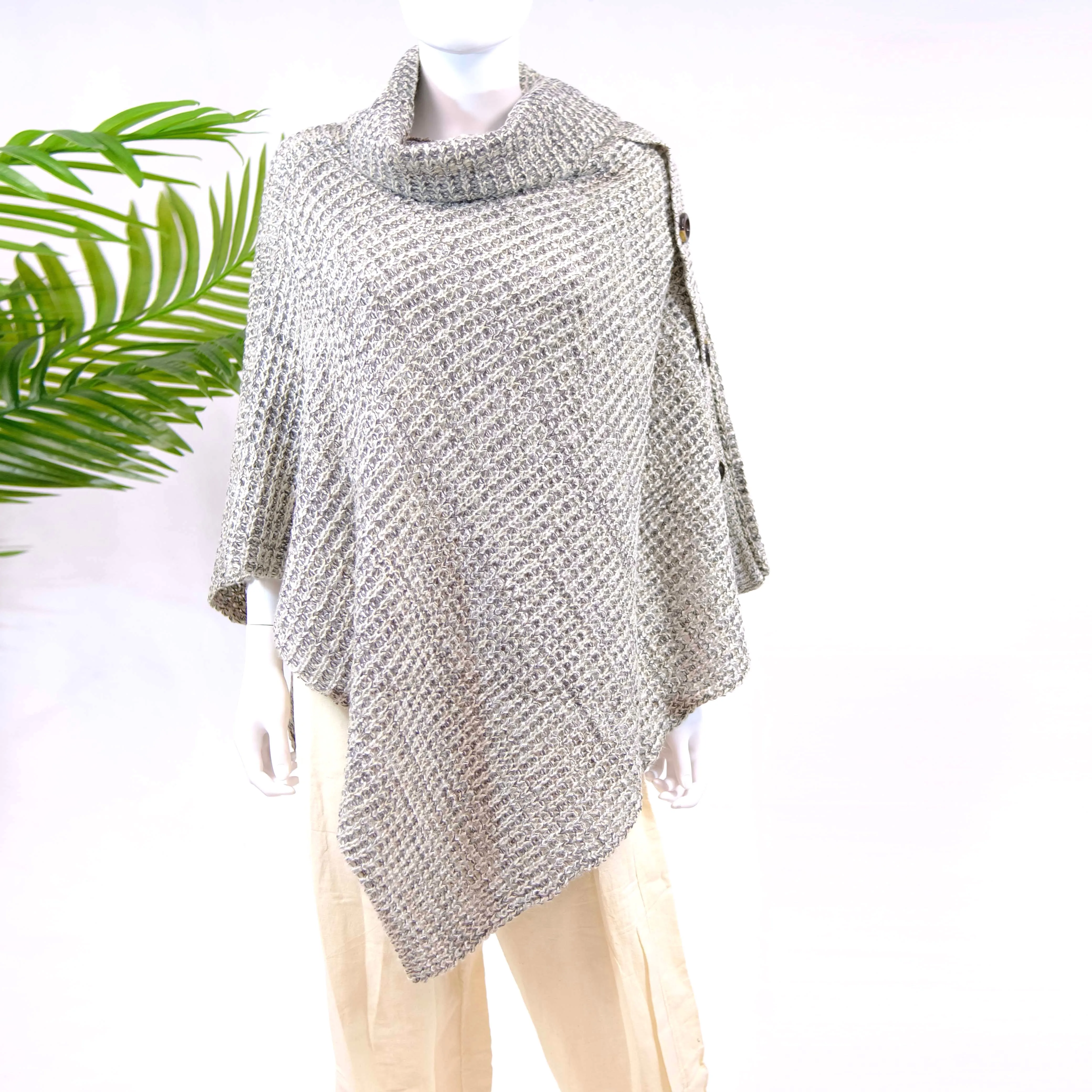 Knitted Turtle Neck Side Button Two Way Winter Poncho/Wrap