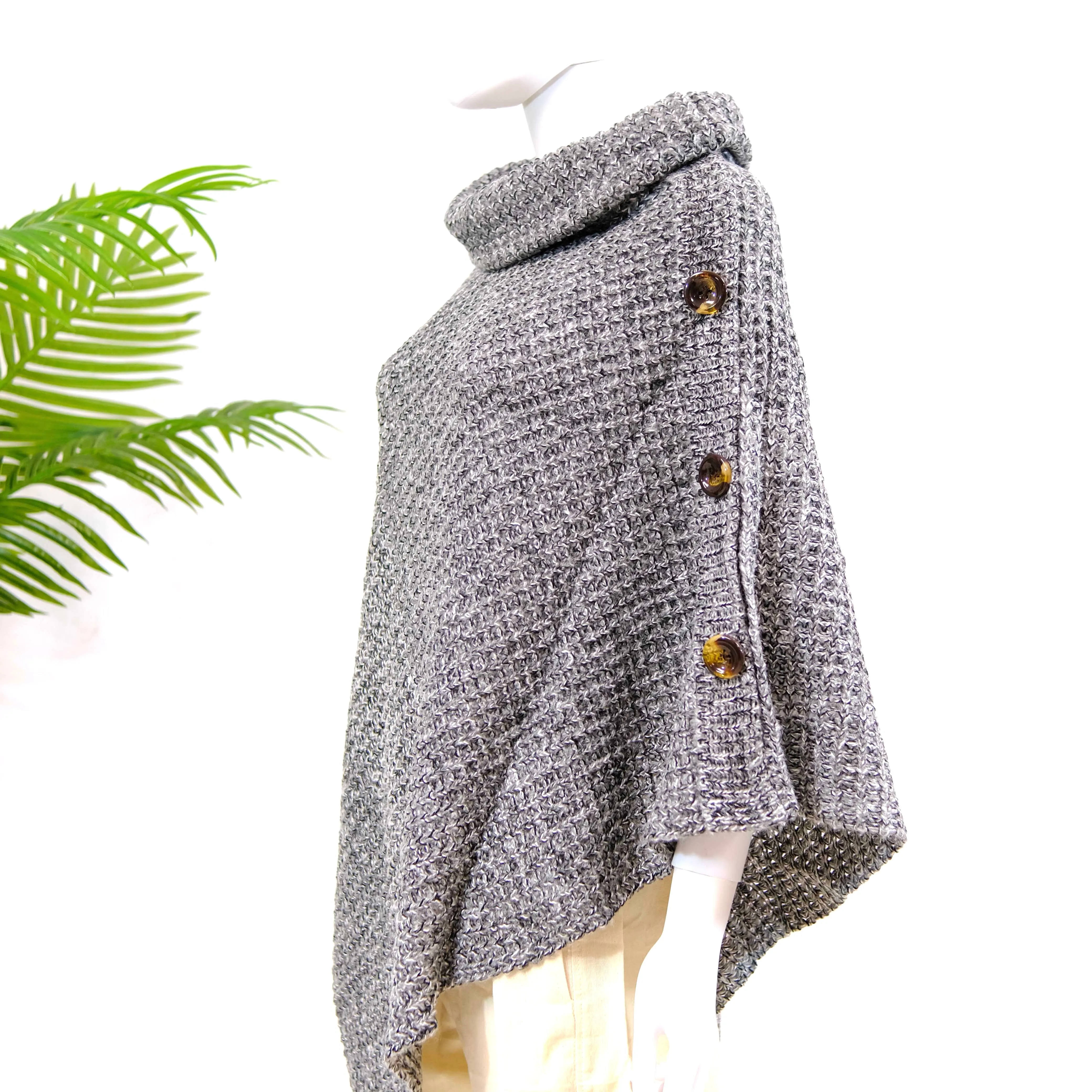 Knitted Turtle Neck Side Button Two Way Winter Poncho/Wrap