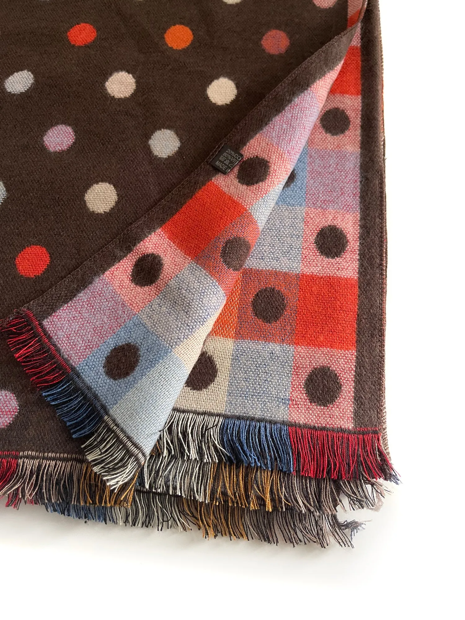 LARGE BROWN POLKA DOT COTTON MIX REVERSIBLE WINTER SHAWL BLANKET SCARF