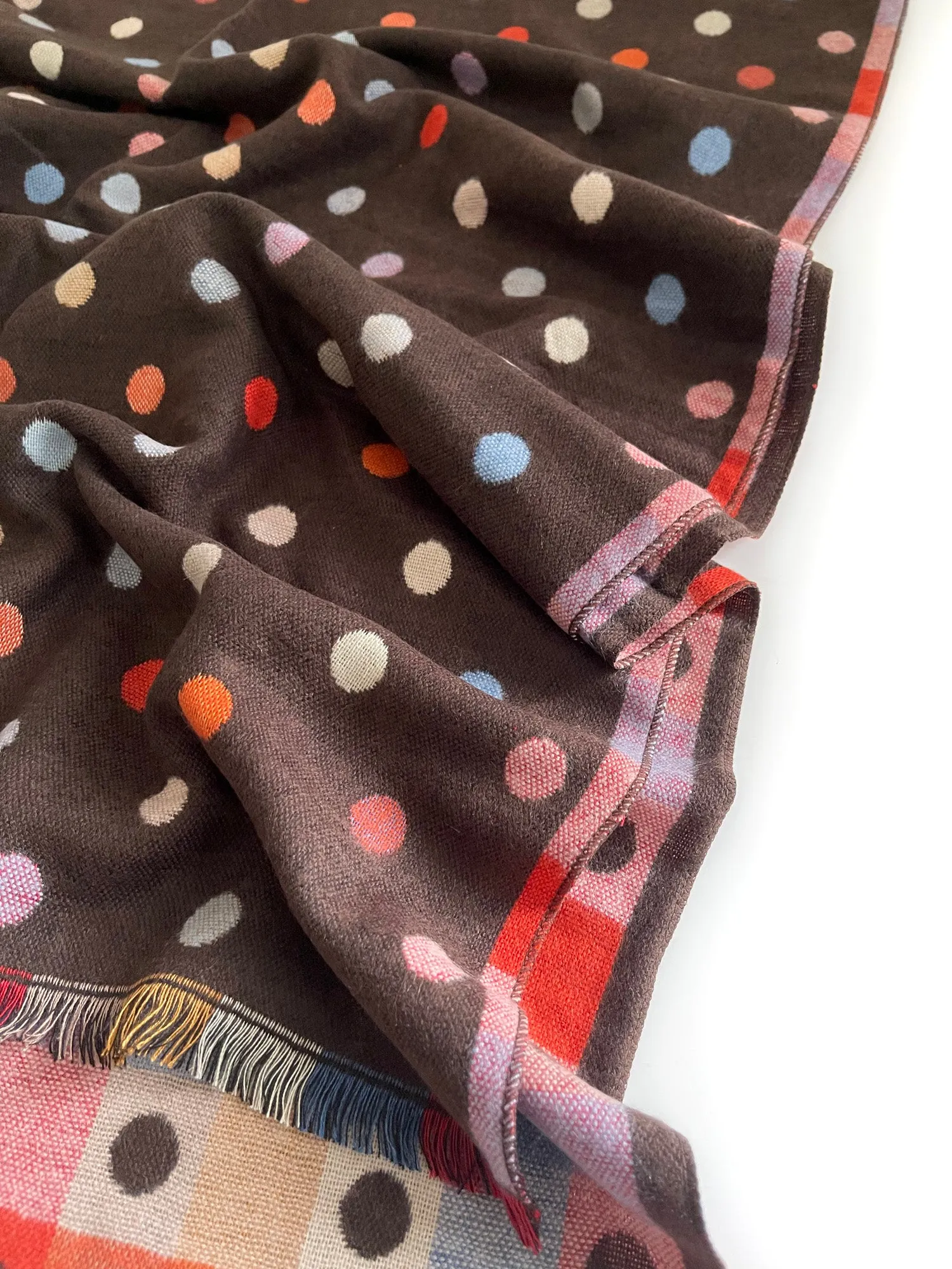 LARGE BROWN POLKA DOT COTTON MIX REVERSIBLE WINTER SHAWL BLANKET SCARF