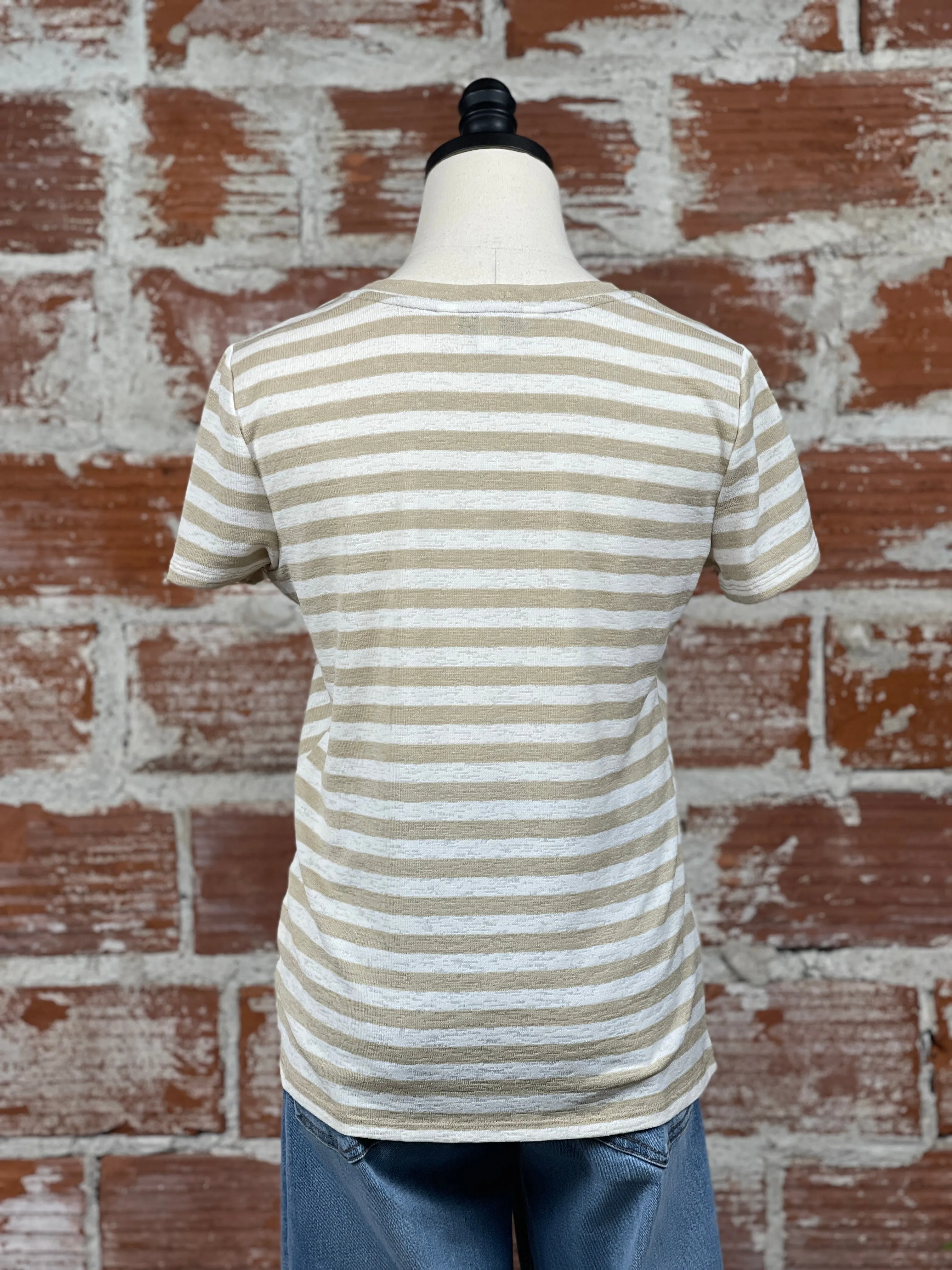 Liverpool Short Sleeve Knit Top in Cream and Tan Stripe