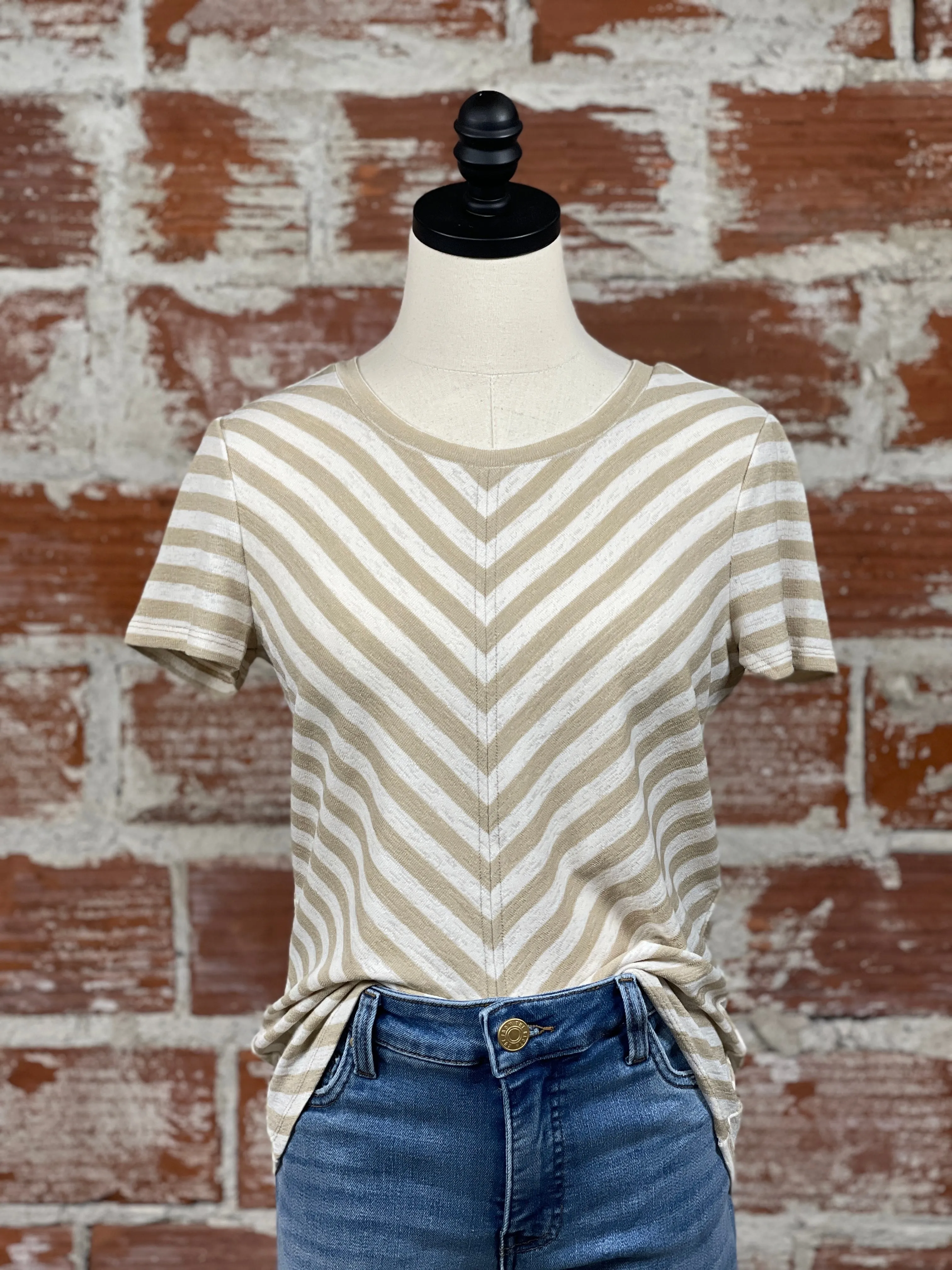 Liverpool Short Sleeve Knit Top in Cream and Tan Stripe