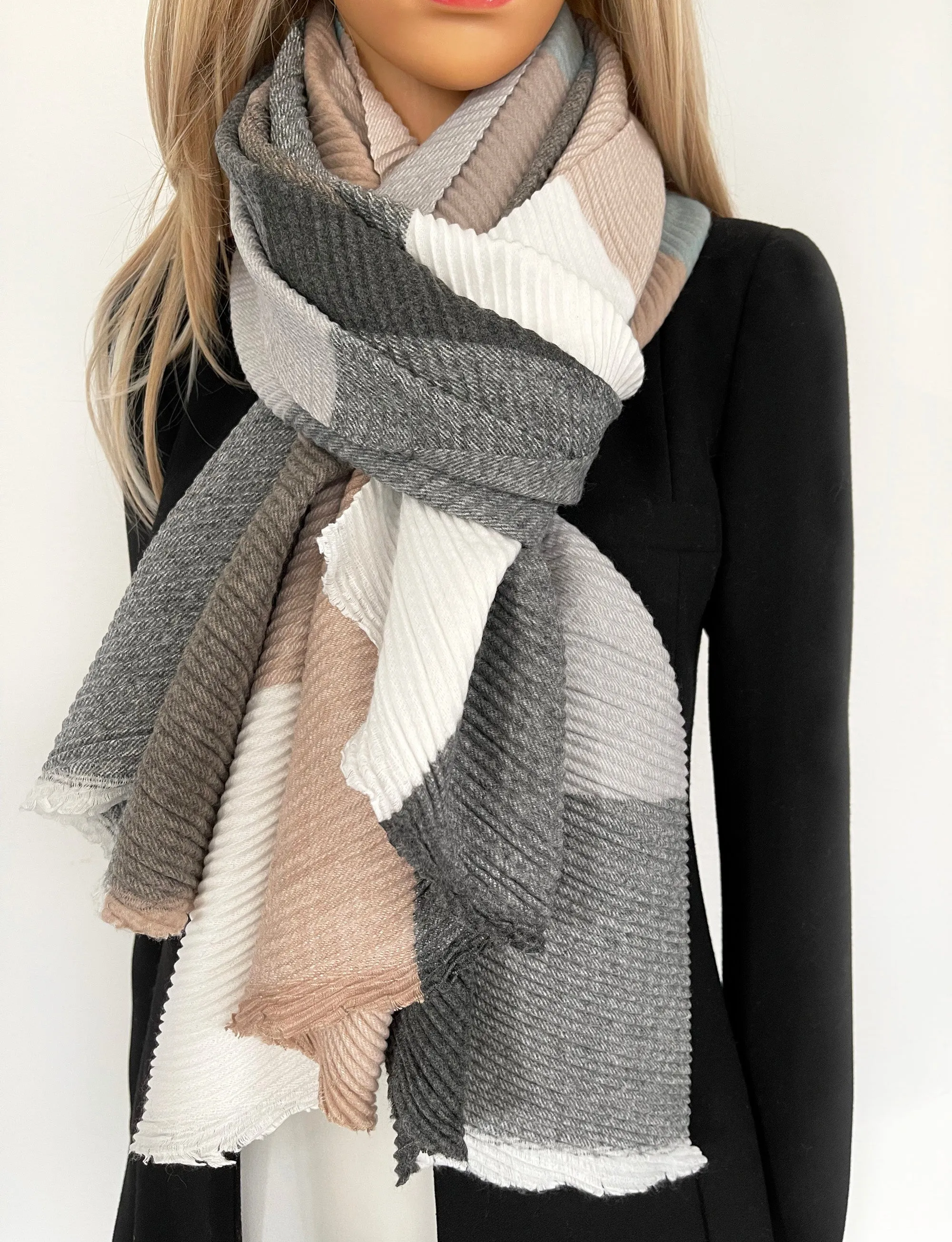 LONG MOCHA CRINKLE MULTICOLOUR WOOL MIX COLOUR BLOCK CHECK SCARF