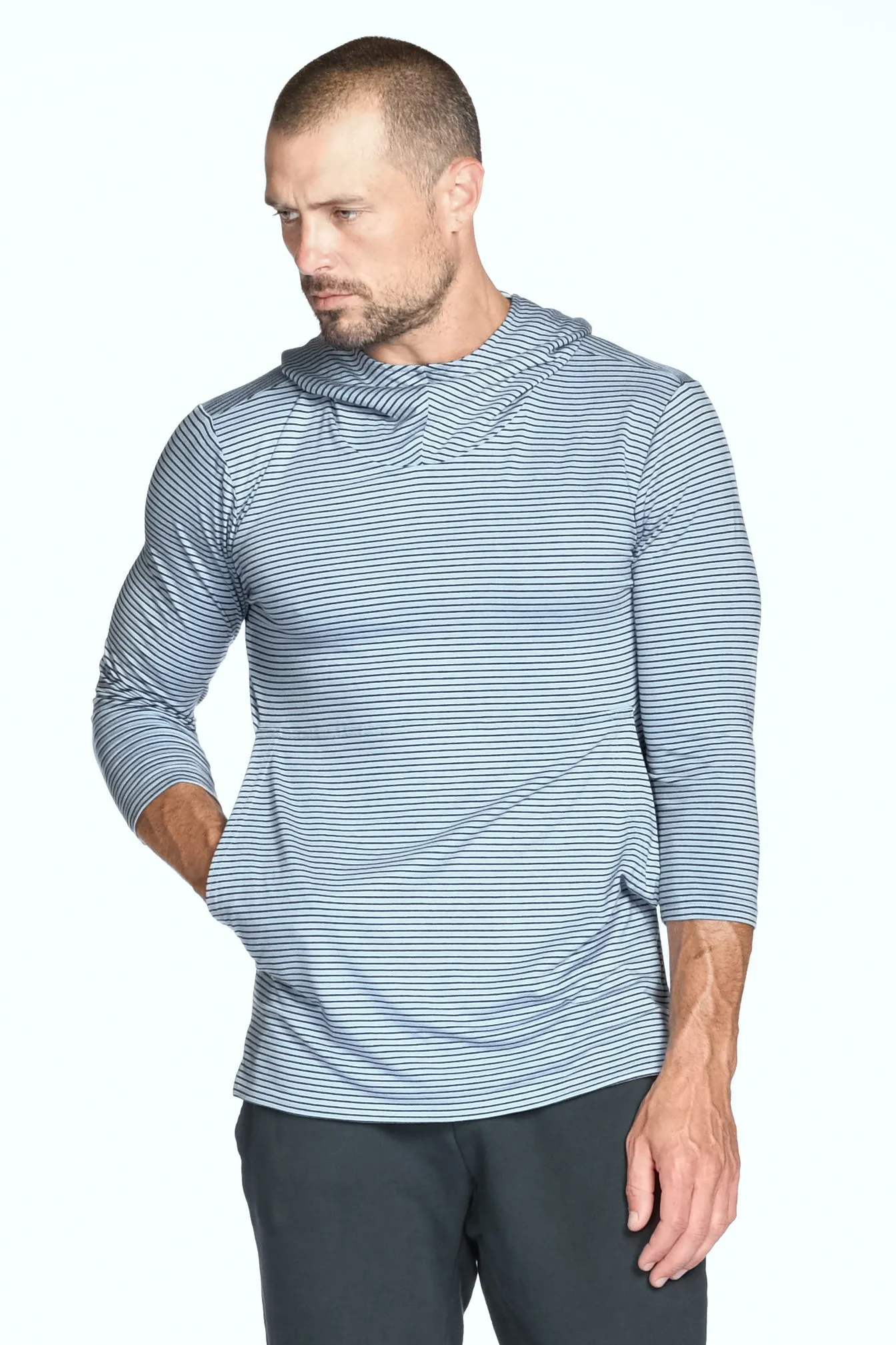 Men's 3/4 Sleeve Cowl Neck Visor Stripe Hoodie