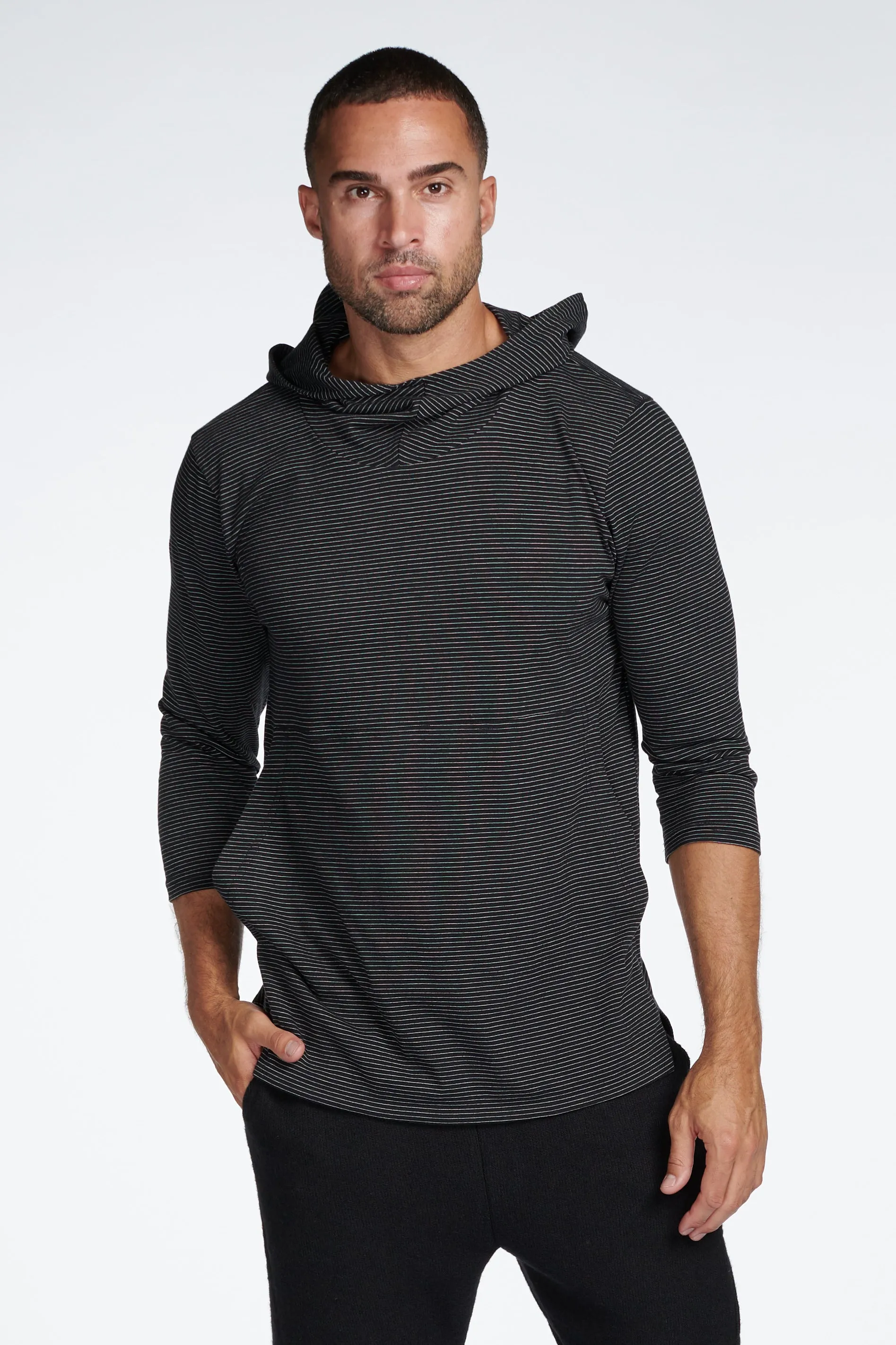 Men's 3/4 Sleeve Cowl Neck Visor Stripe Hoodie