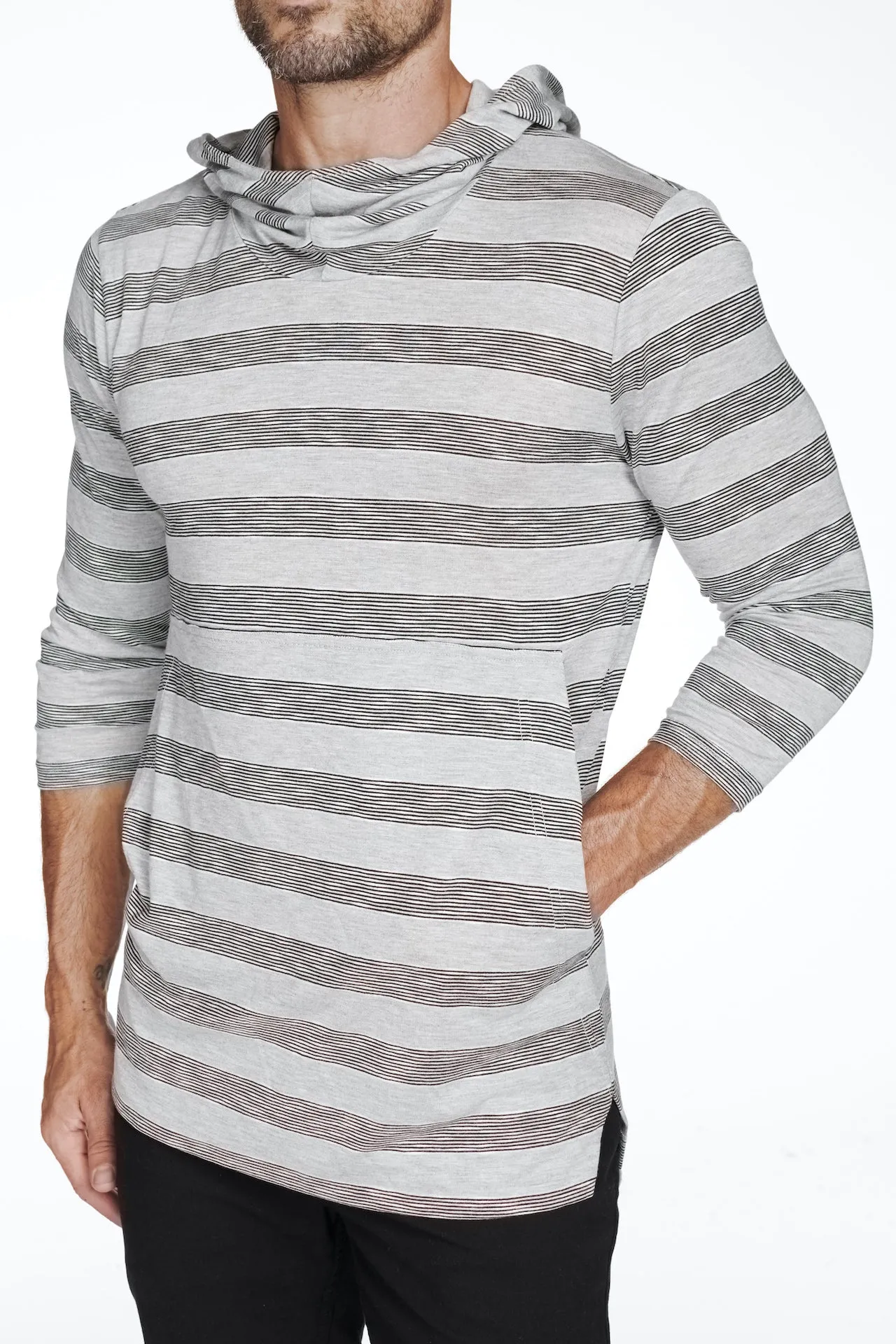 Men's 3/4 Sleeve Cowl Neck Visor Stripe Hoodie