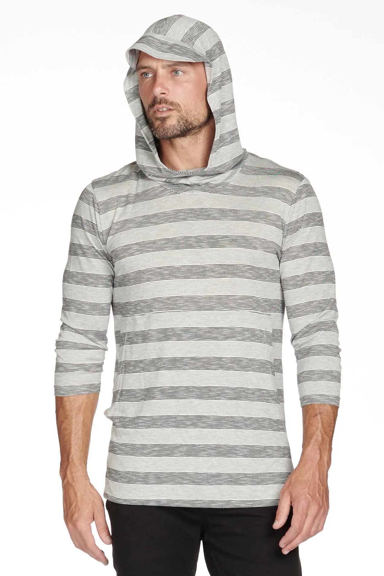 Men's 3/4 Sleeve Cowl Neck Visor Stripe Hoodie