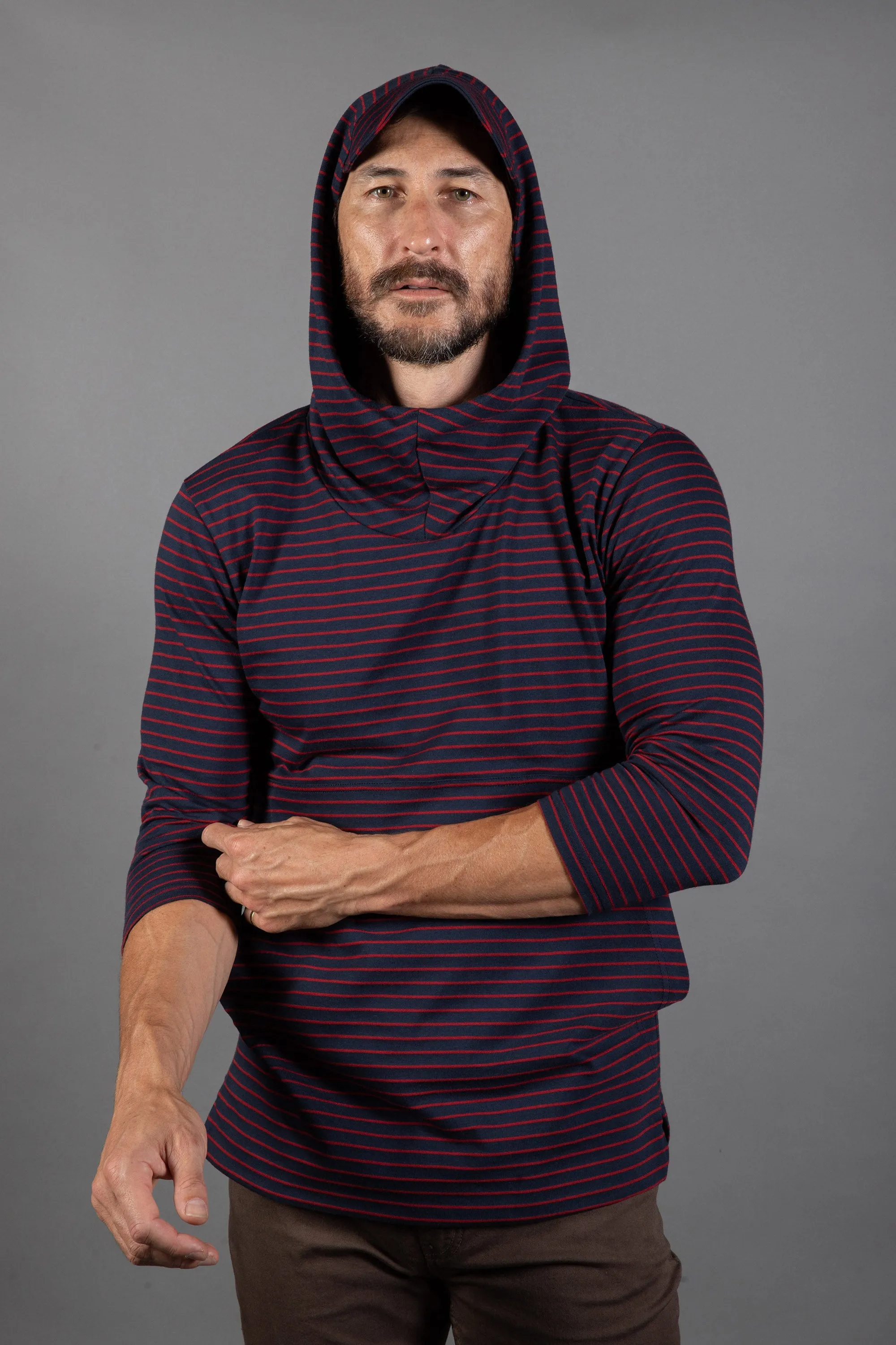 Men's 3/4 Sleeve Cowl Neck Visor Stripe Hoodie