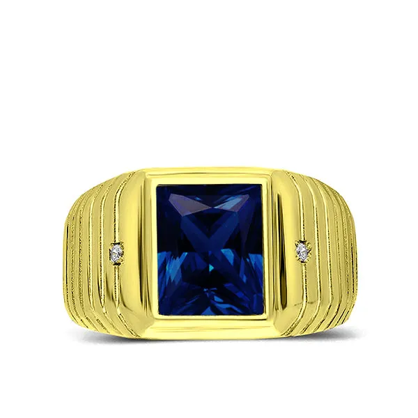 Mens Solid 18K Yellow Gold Blue Sapphire Ring 0.04ct Diamonds Fine Ring for Man