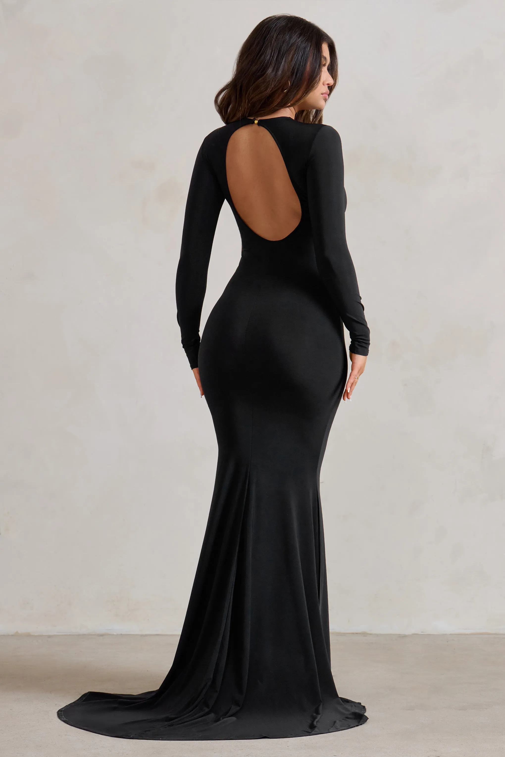 One Step Ahead | Black Long Sleeve Backless Fishtail Maxi Dress