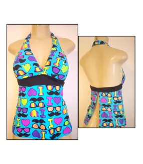 Open Back Halter Tankini Top Rib Band Swimsuit