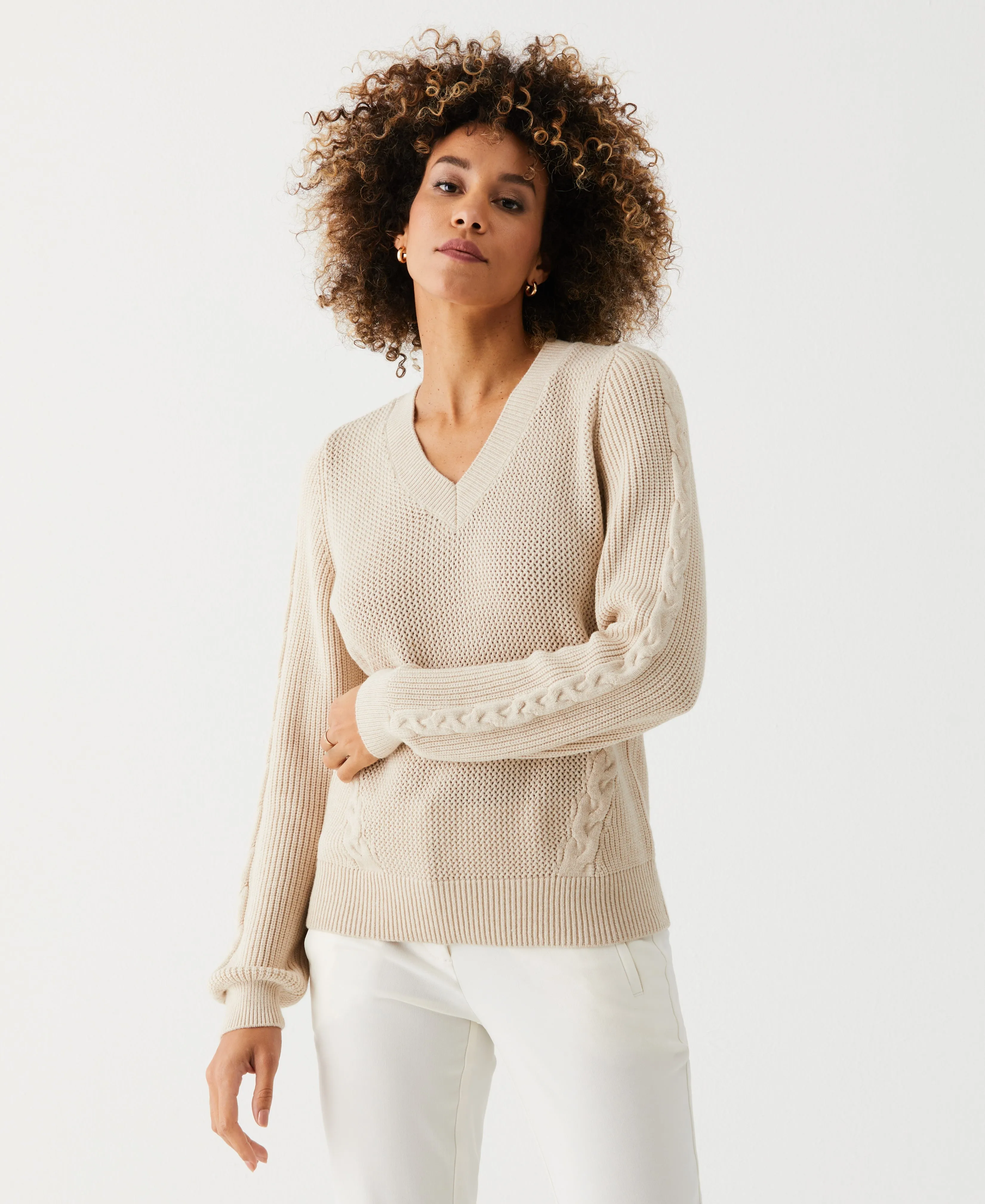 Petite Cable Knit V-Neck Sweater