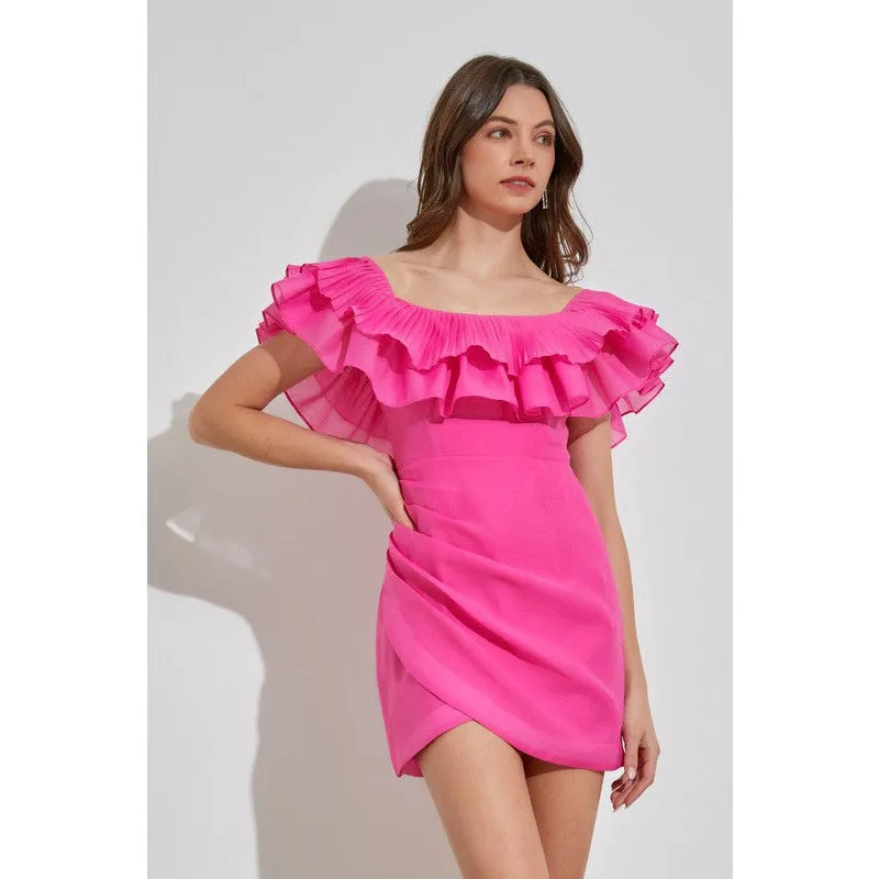 Pleated Ruffle Mini Dress