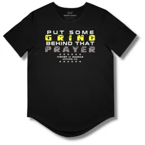 Put Some Grind Behind That Prayer Curved Hem T Shirt - Black - Maximum Yellow / Taupe Gray