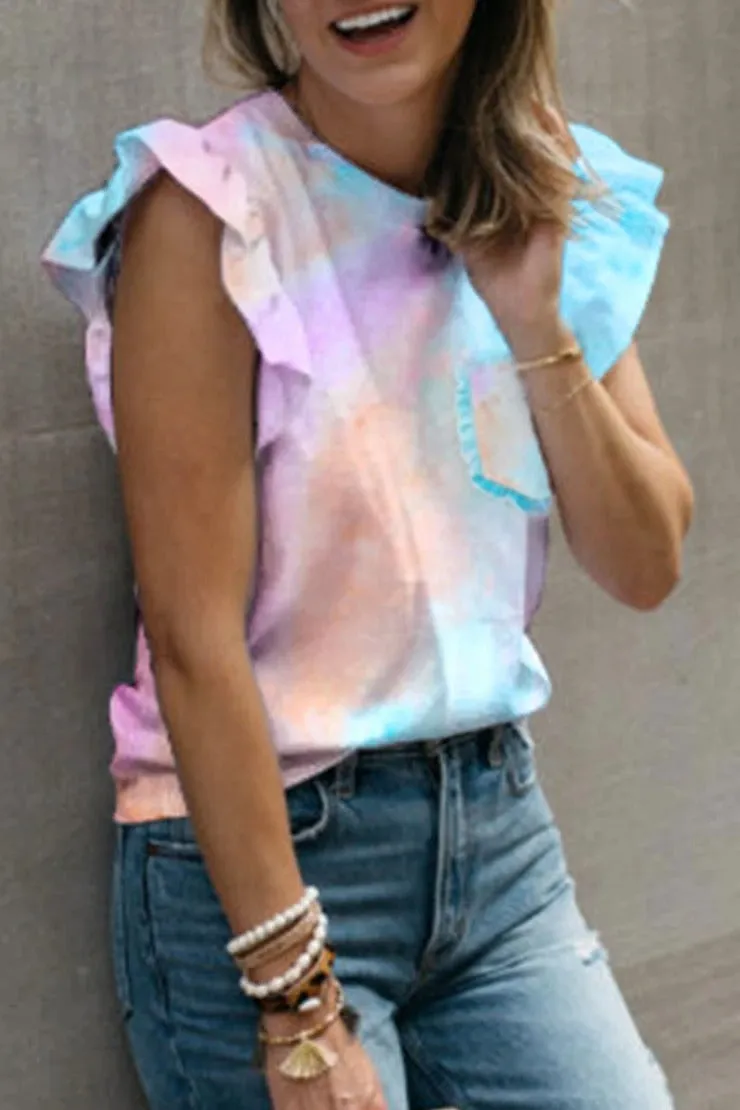 Rainbow Tie Dye Tee Shirt With Ruffle Shoulders