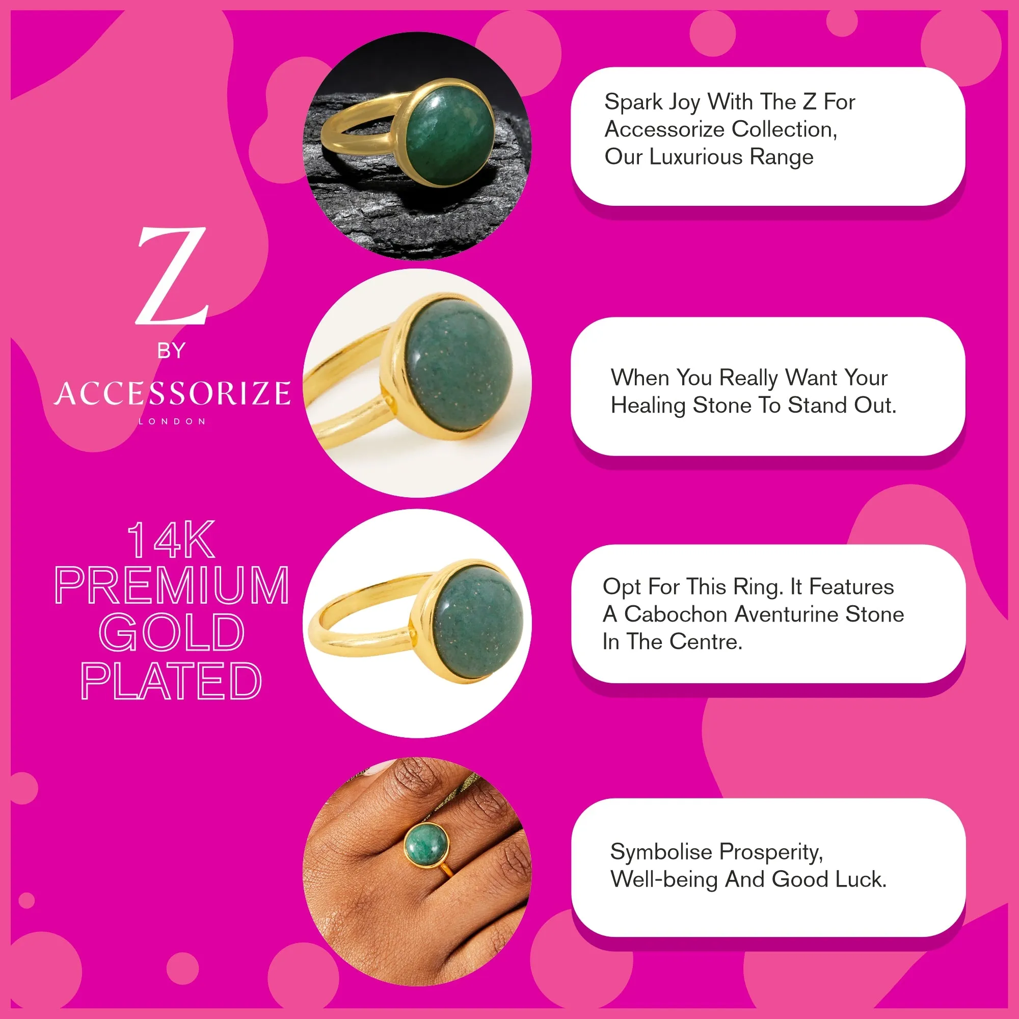 Real Gold Plated Z Green Aventurine Cabochon Ring-Large