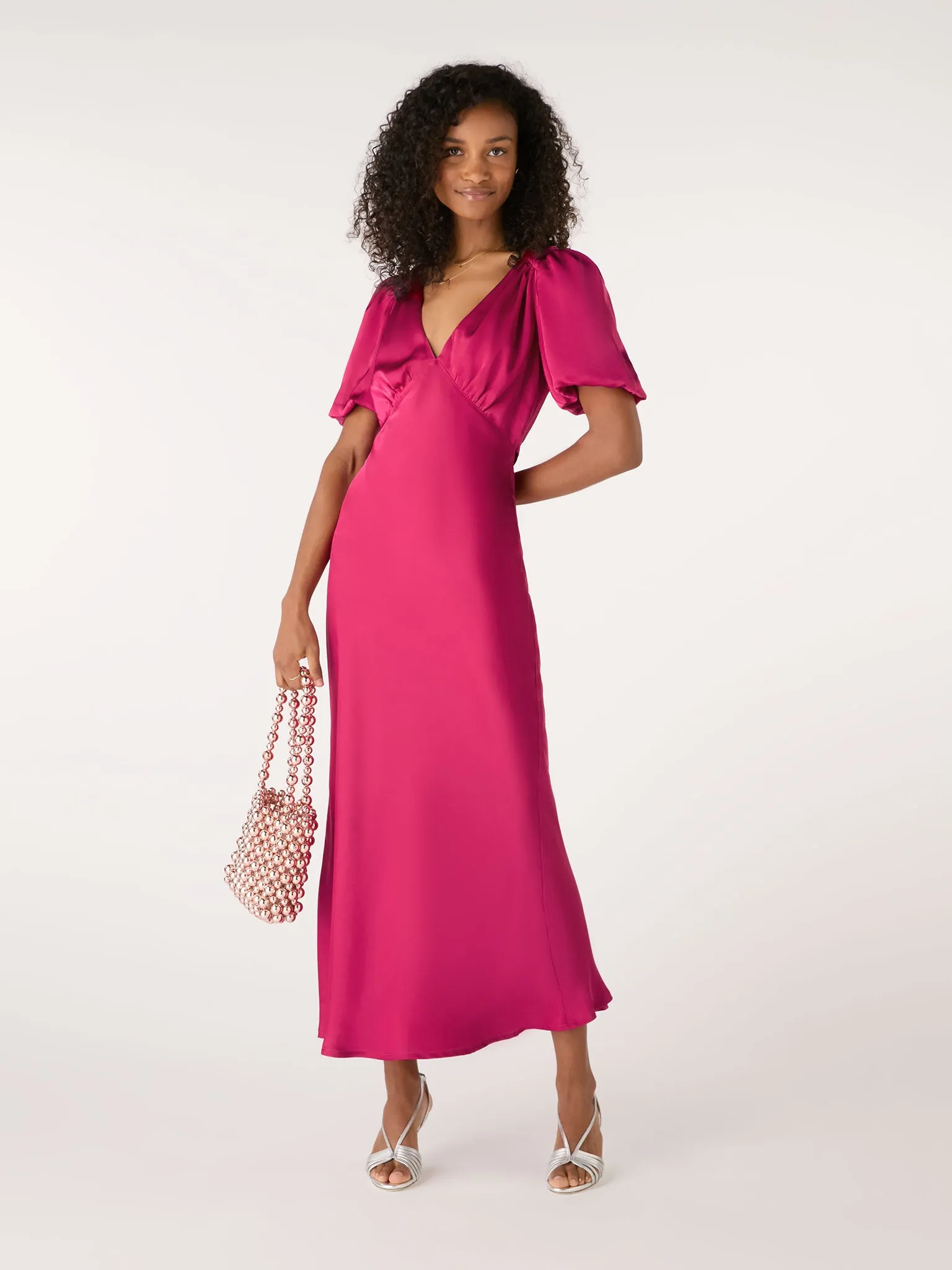 Rosie Ruched Puff Sleeve Dress in Magenta