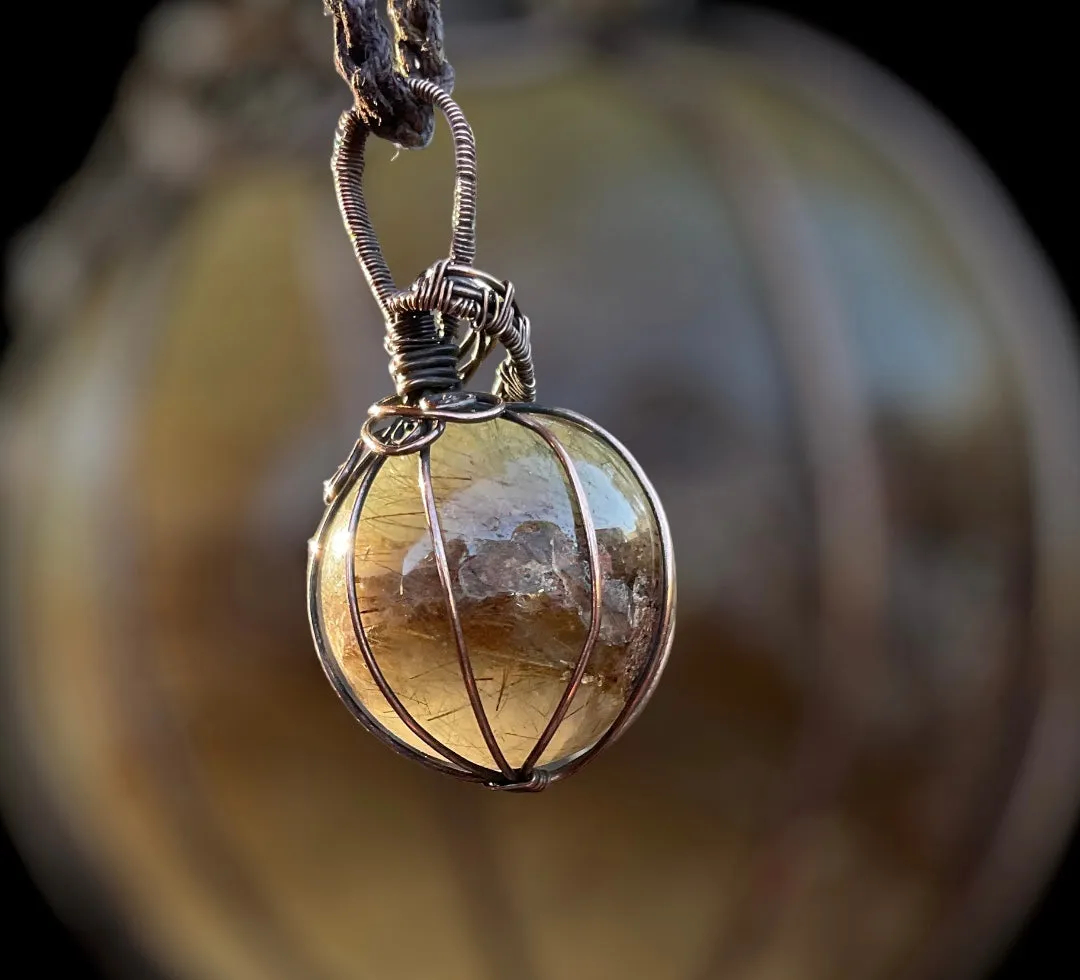 Rutilated Quartz Wire Wrapped Orb Pendant