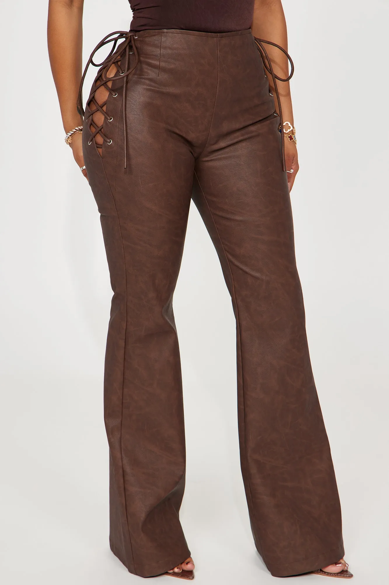 Savannah Washed Faux Leather Flare Pant - Brown/combo