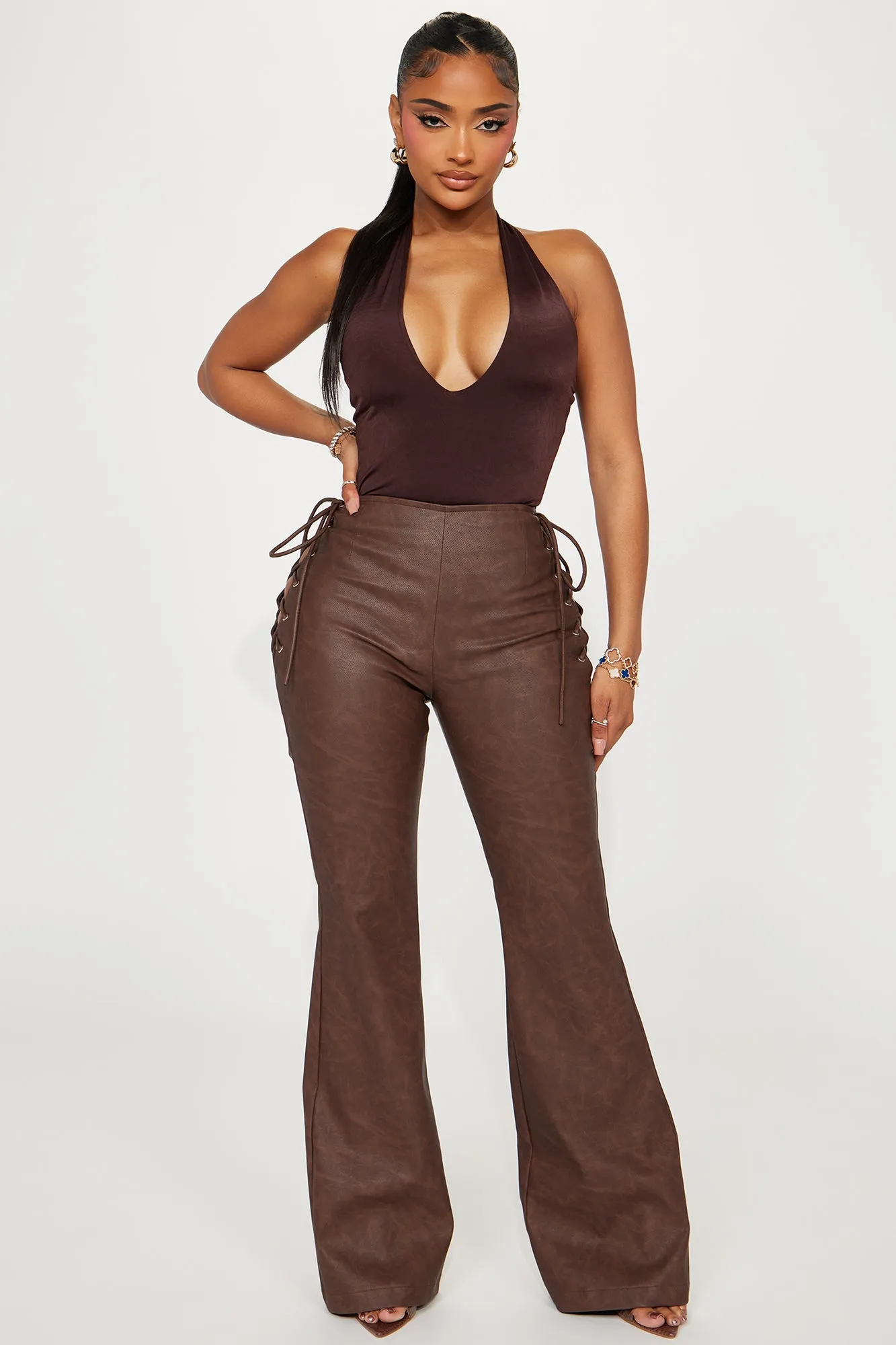 Savannah Washed Faux Leather Flare Pant - Brown/combo