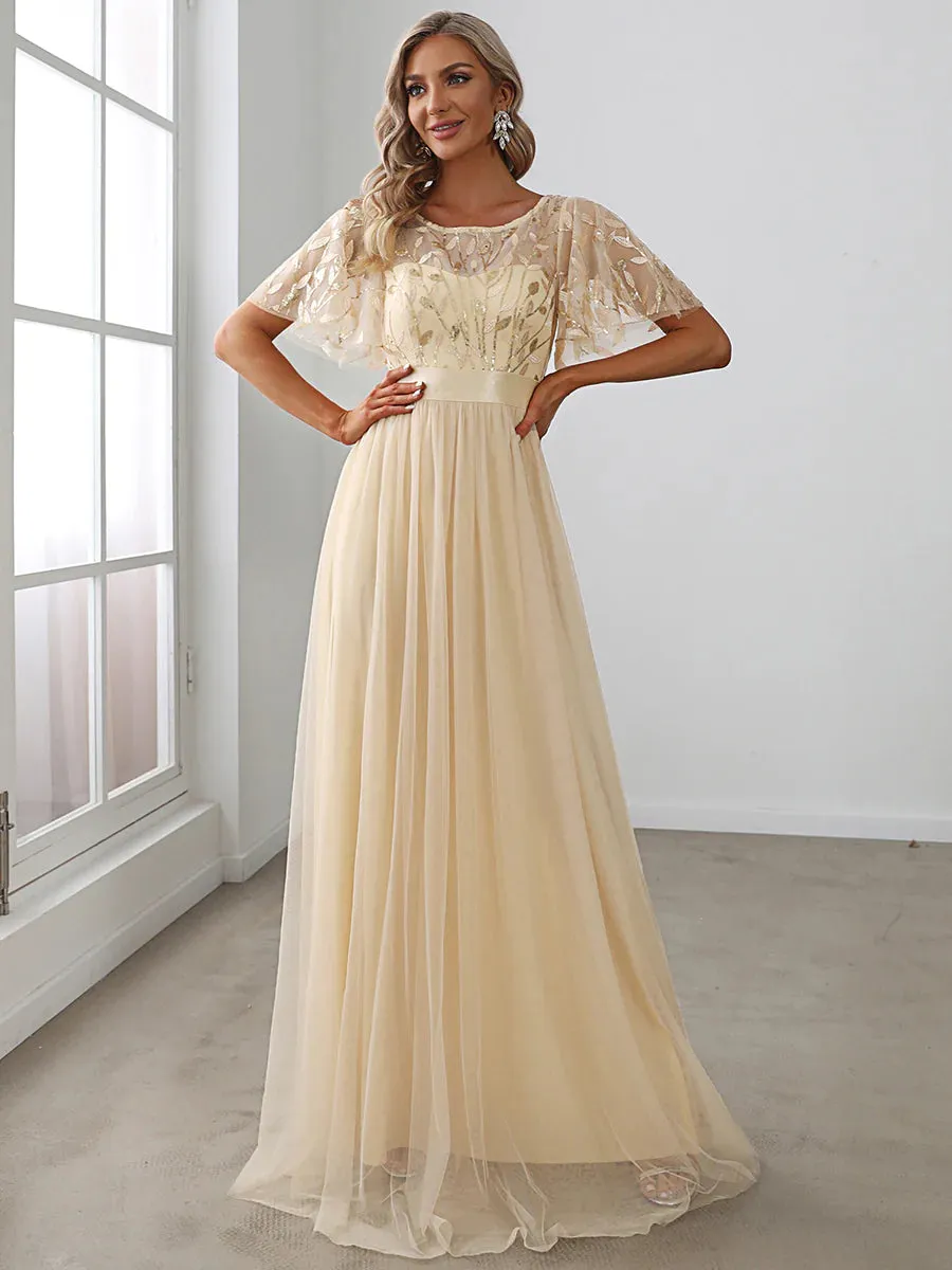 Sequin Print Floor-length Bridesmaid Dress with Cap Sleeve