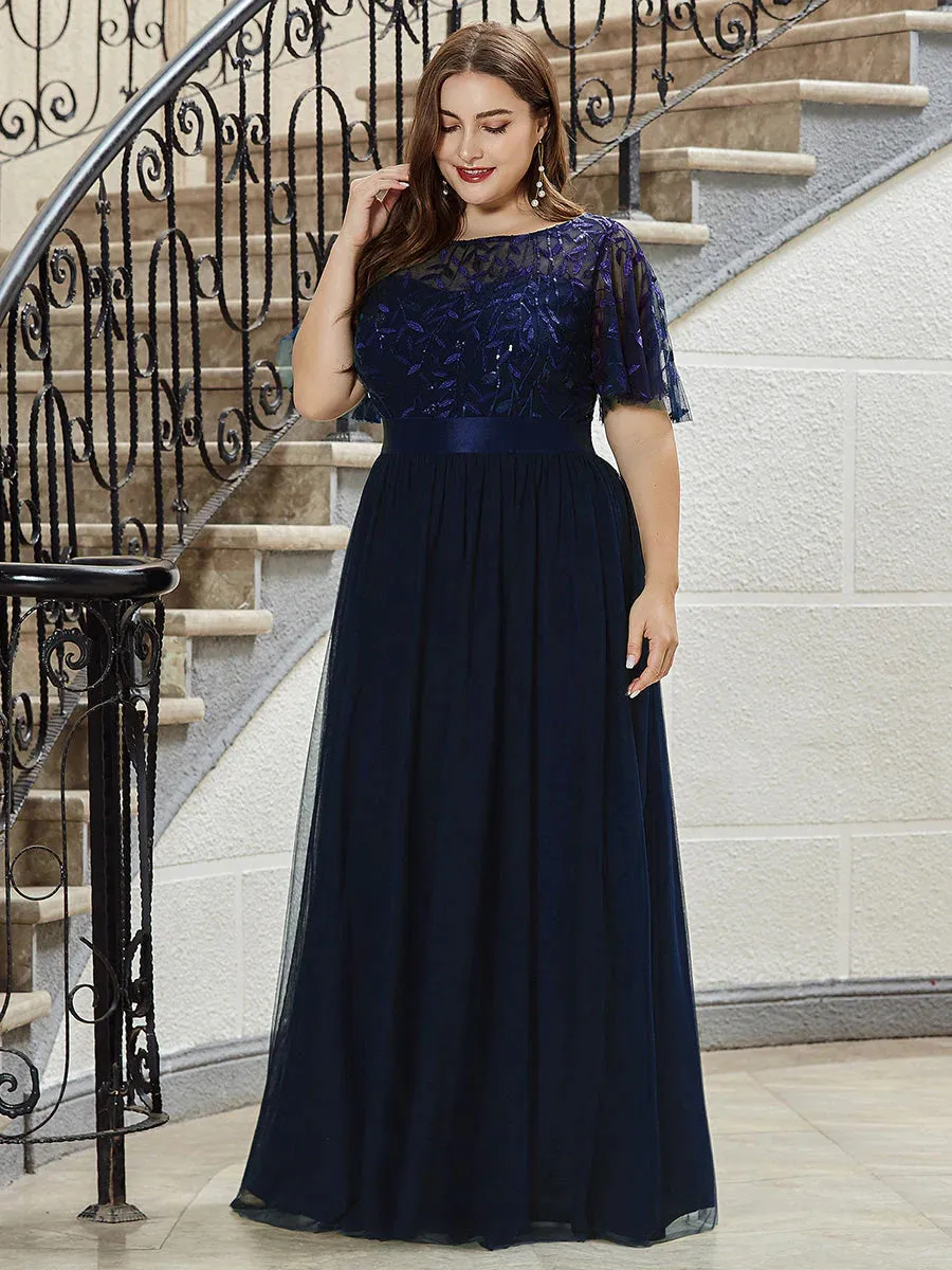 Sequin Print Floor-length Bridesmaid Dress with Cap Sleeve