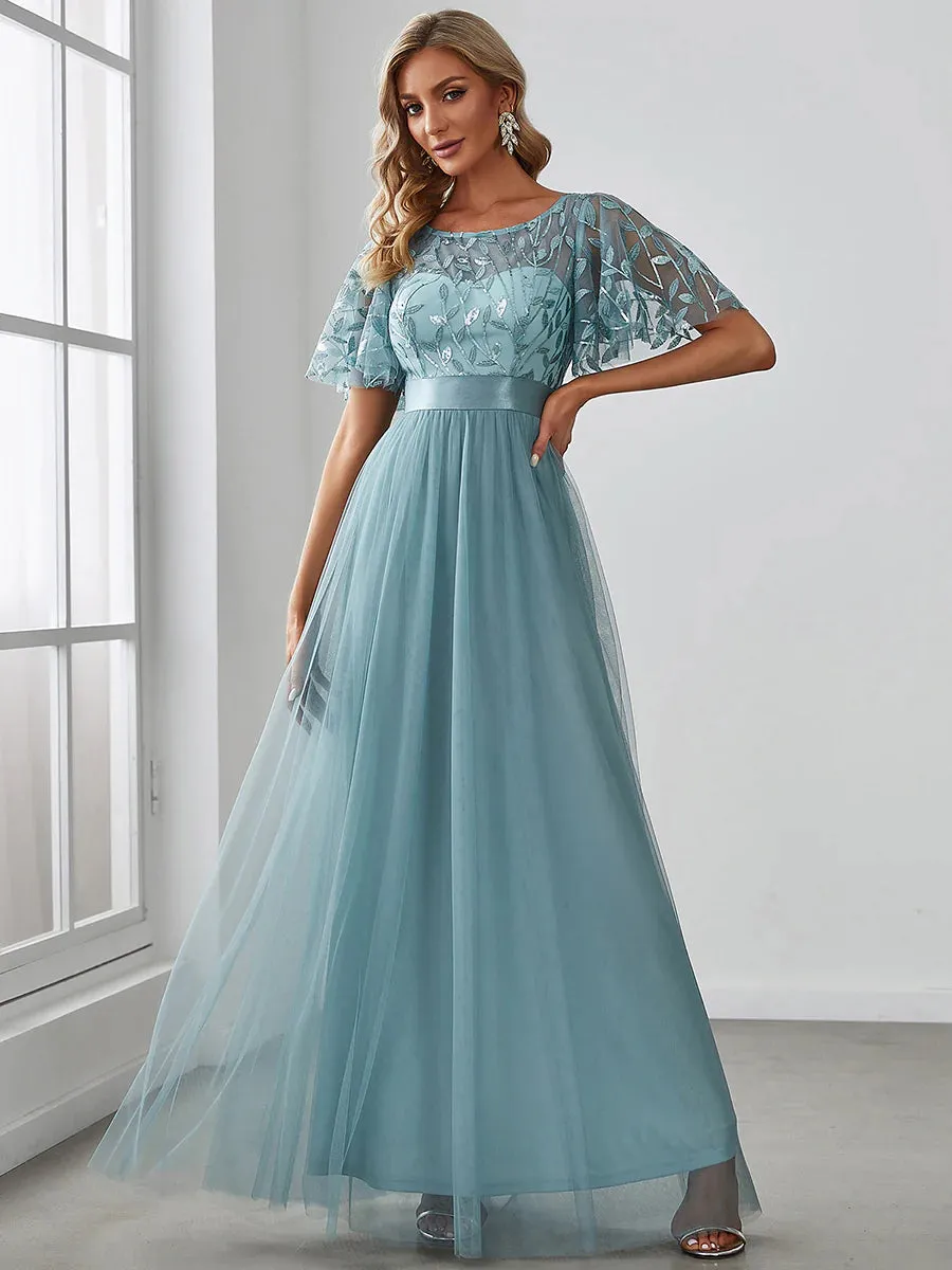 Sequin Print Floor-length Bridesmaid Dress with Cap Sleeve