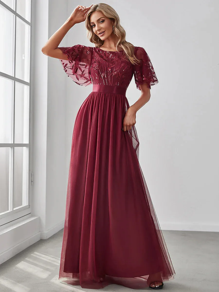 Sequin Print Floor-length Bridesmaid Dress with Cap Sleeve