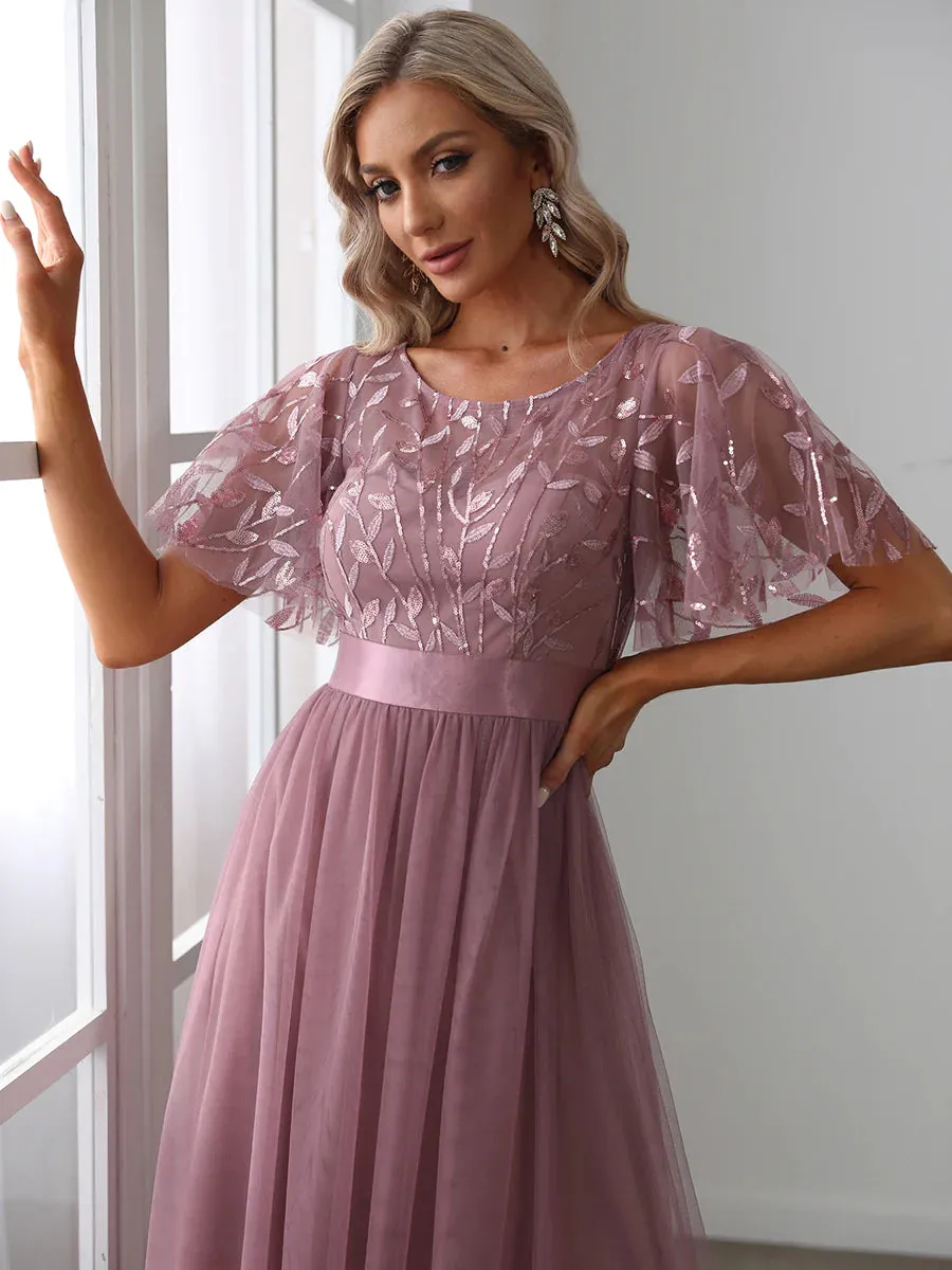 Sequin Print Floor-length Bridesmaid Dress with Cap Sleeve