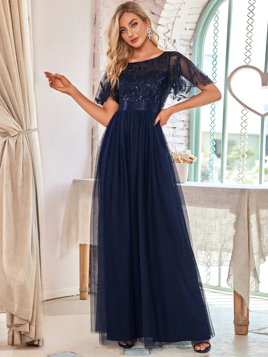 Sequin Print Floor-length Bridesmaid Dress with Cap Sleeve