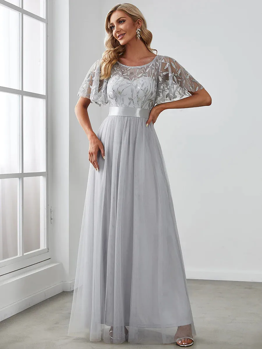 Sequin Print Floor-length Bridesmaid Dress with Cap Sleeve