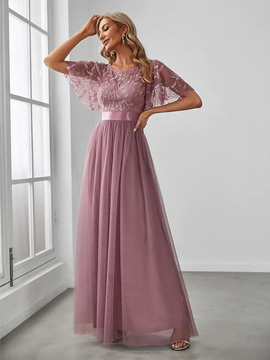 Sequin Print Floor-length Bridesmaid Dress with Cap Sleeve