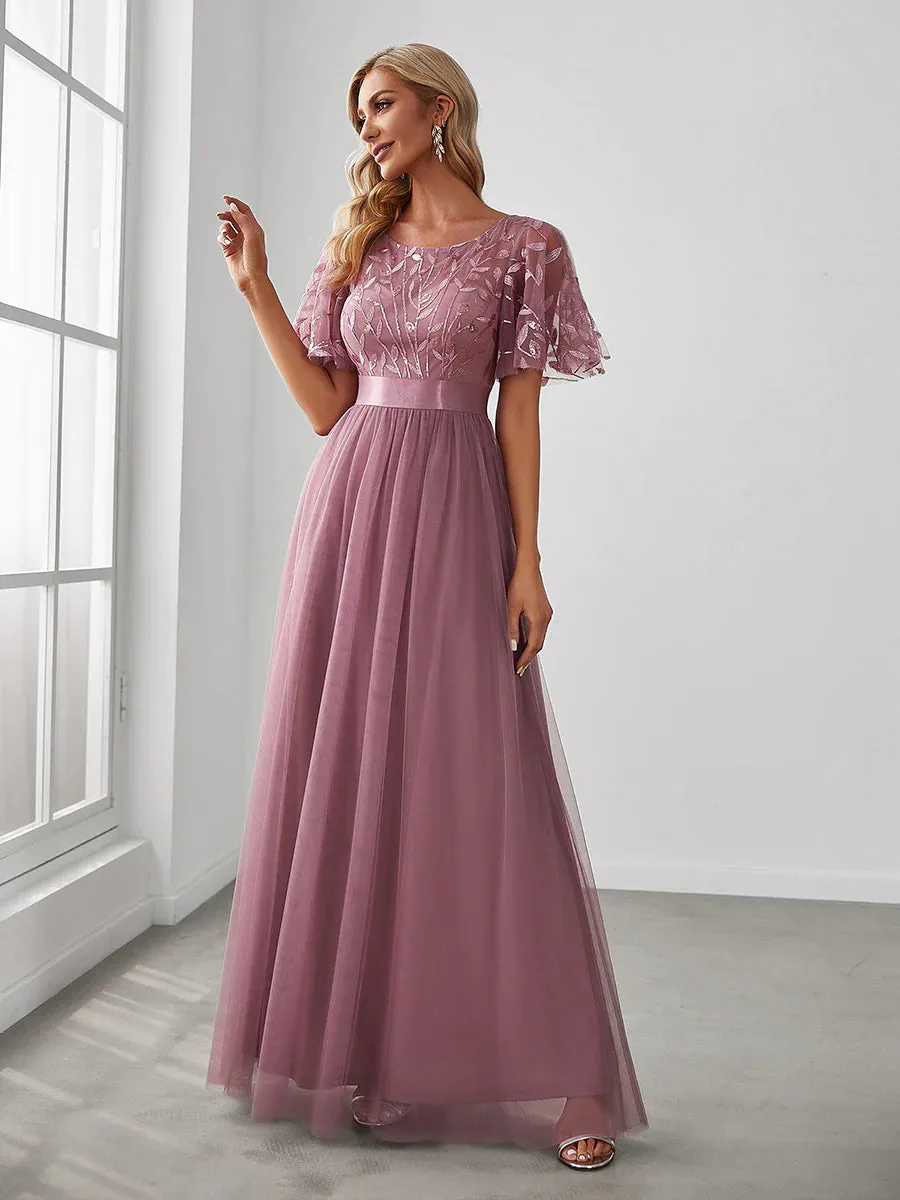 Sequin Print Floor-length Bridesmaid Dress with Cap Sleeve