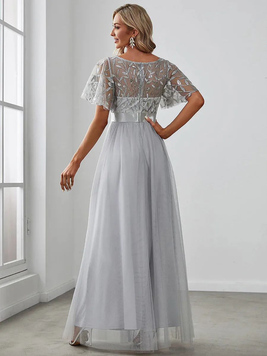 Sequin Print Floor-length Bridesmaid Dress with Cap Sleeve