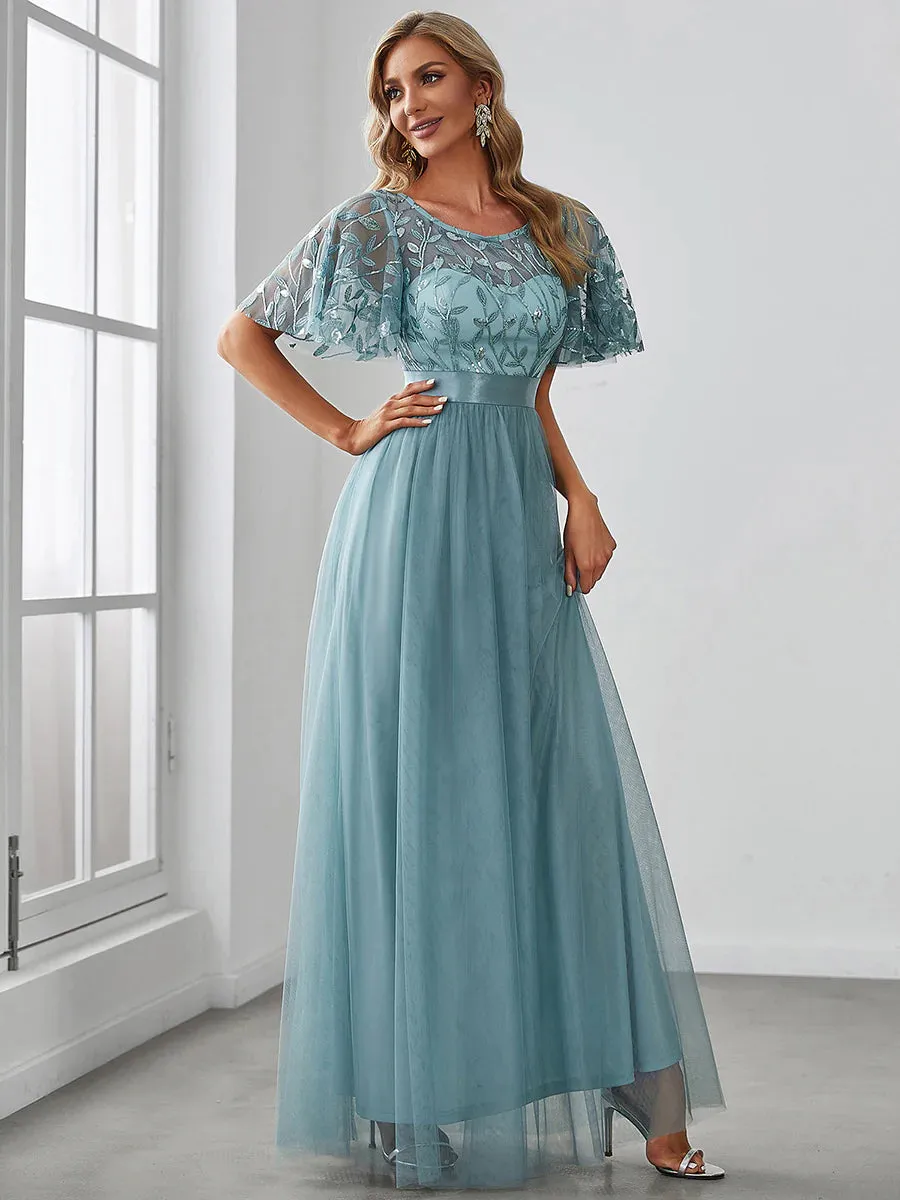 Sequin Print Floor-length Bridesmaid Dress with Cap Sleeve