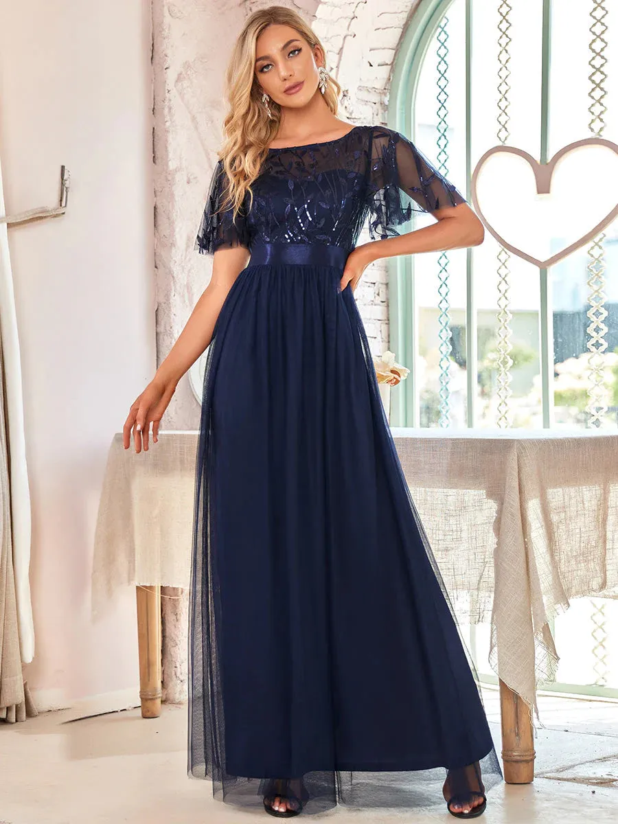 Sequin Print Floor-length Bridesmaid Dress with Cap Sleeve