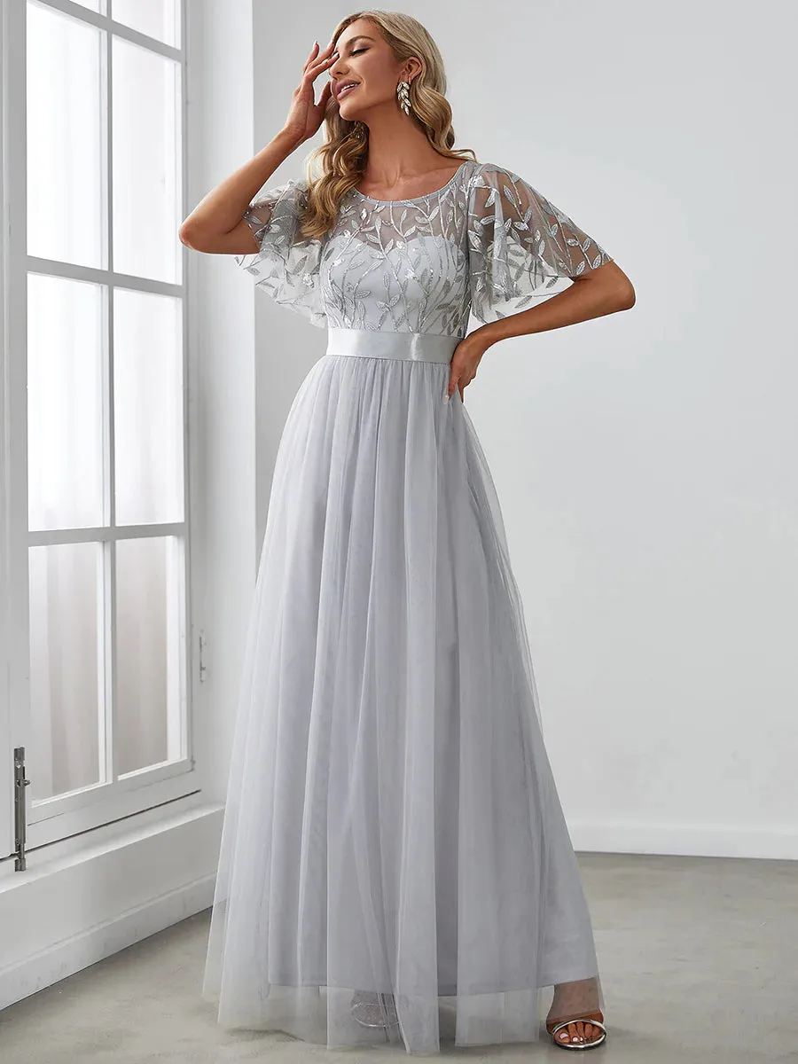 Sequin Print Floor-length Bridesmaid Dress with Cap Sleeve