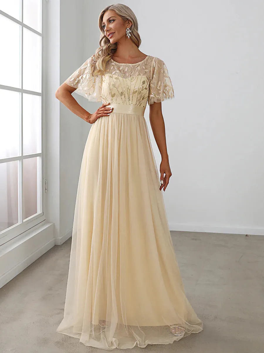 Sequin Print Floor-length Bridesmaid Dress with Cap Sleeve