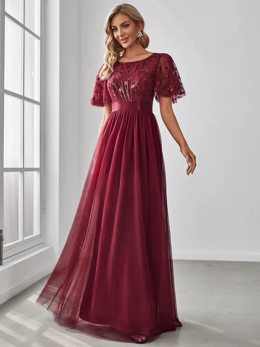 Sequin Print Floor-length Bridesmaid Dress with Cap Sleeve