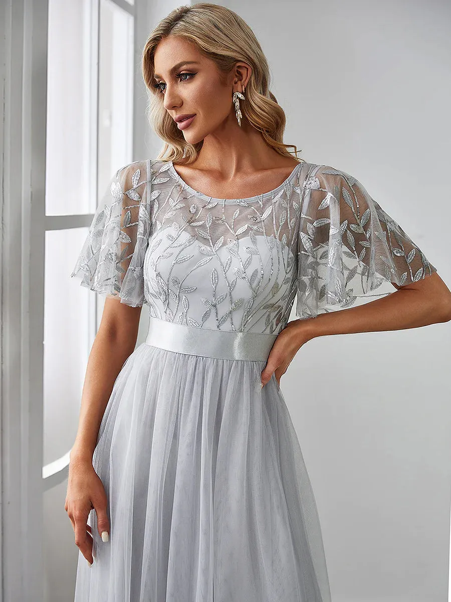 Sequin Print Floor-length Bridesmaid Dress with Cap Sleeve