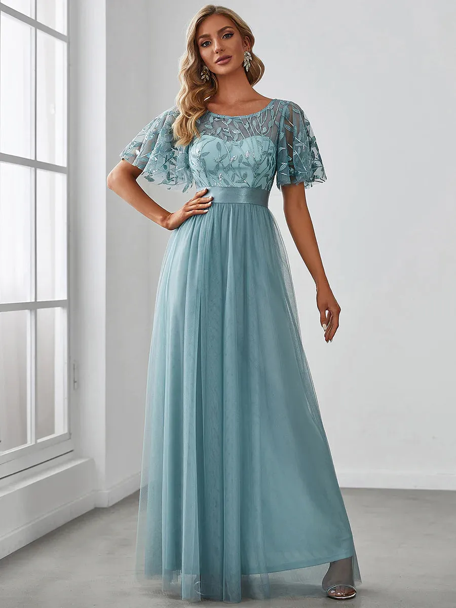 Sequin Print Floor-length Bridesmaid Dress with Cap Sleeve