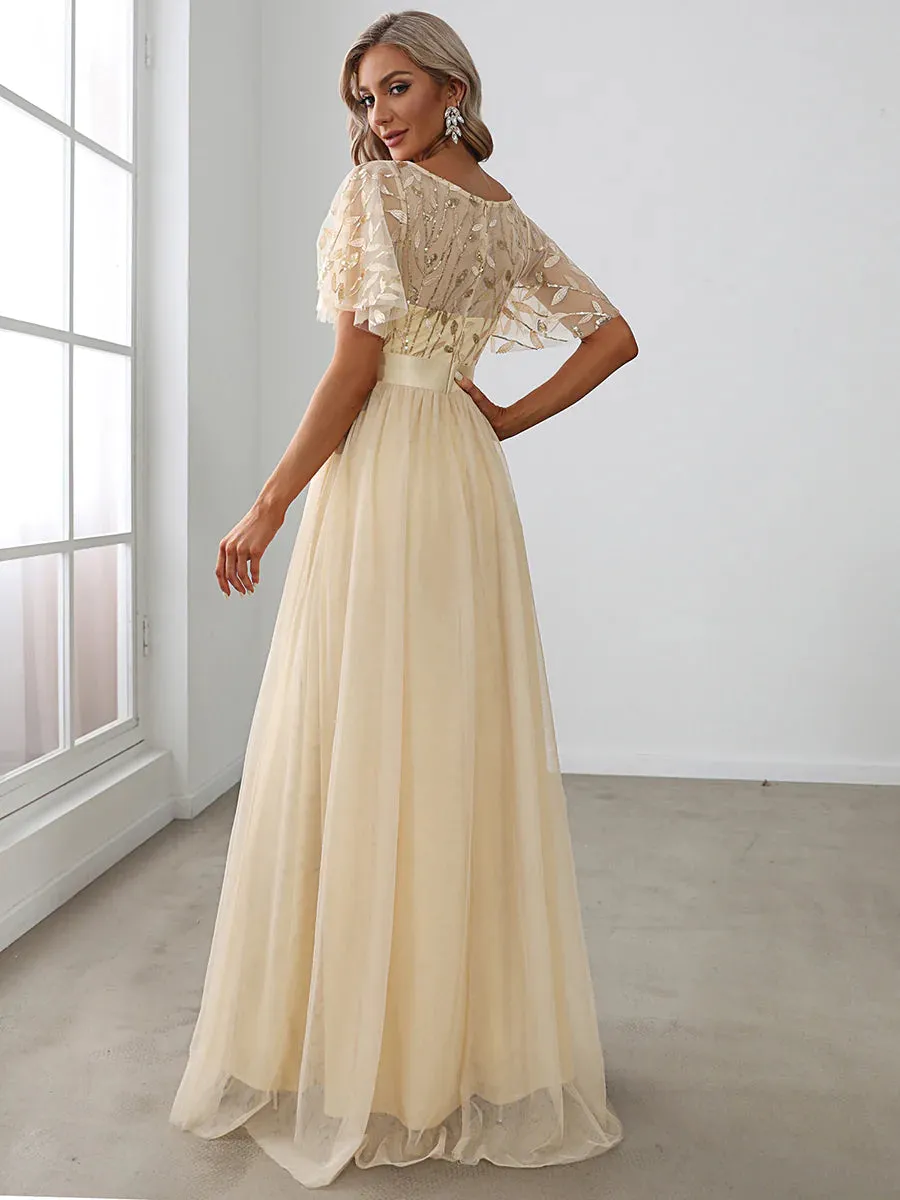 Sequin Print Floor-length Bridesmaid Dress with Cap Sleeve