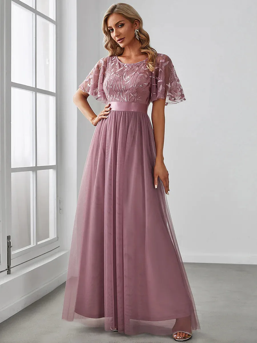 Sequin Print Floor-length Bridesmaid Dress with Cap Sleeve